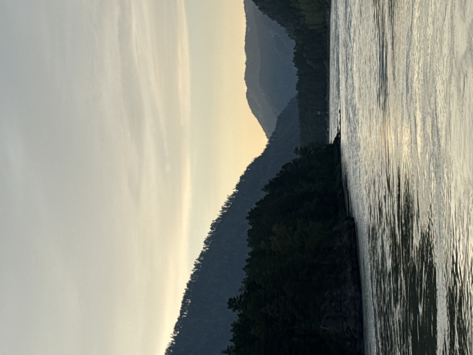 A wide, fast-flowing river with ripples and reflections dominates the foreground of this vertical, silhouetted landscape image. On the left, a dark, rocky bank is covered in dense evergreen trees that extend up a steep mountainside. The mountainside is covered in trees, with a lighter band near the top suggesting a change in elevation or vegetation. On the right, the river continues into the distance, bordered by more evergreen trees and receding, layered mountain ranges that fade into a hazy, pale yellow and gray sky. The sky is mostly clear with thin, wispy clouds. The scene appears to be a natural, undeveloped area, likely a mountainous region with a river. The specific location is identified as being in the city of Gorno-Altaysk, Russia.