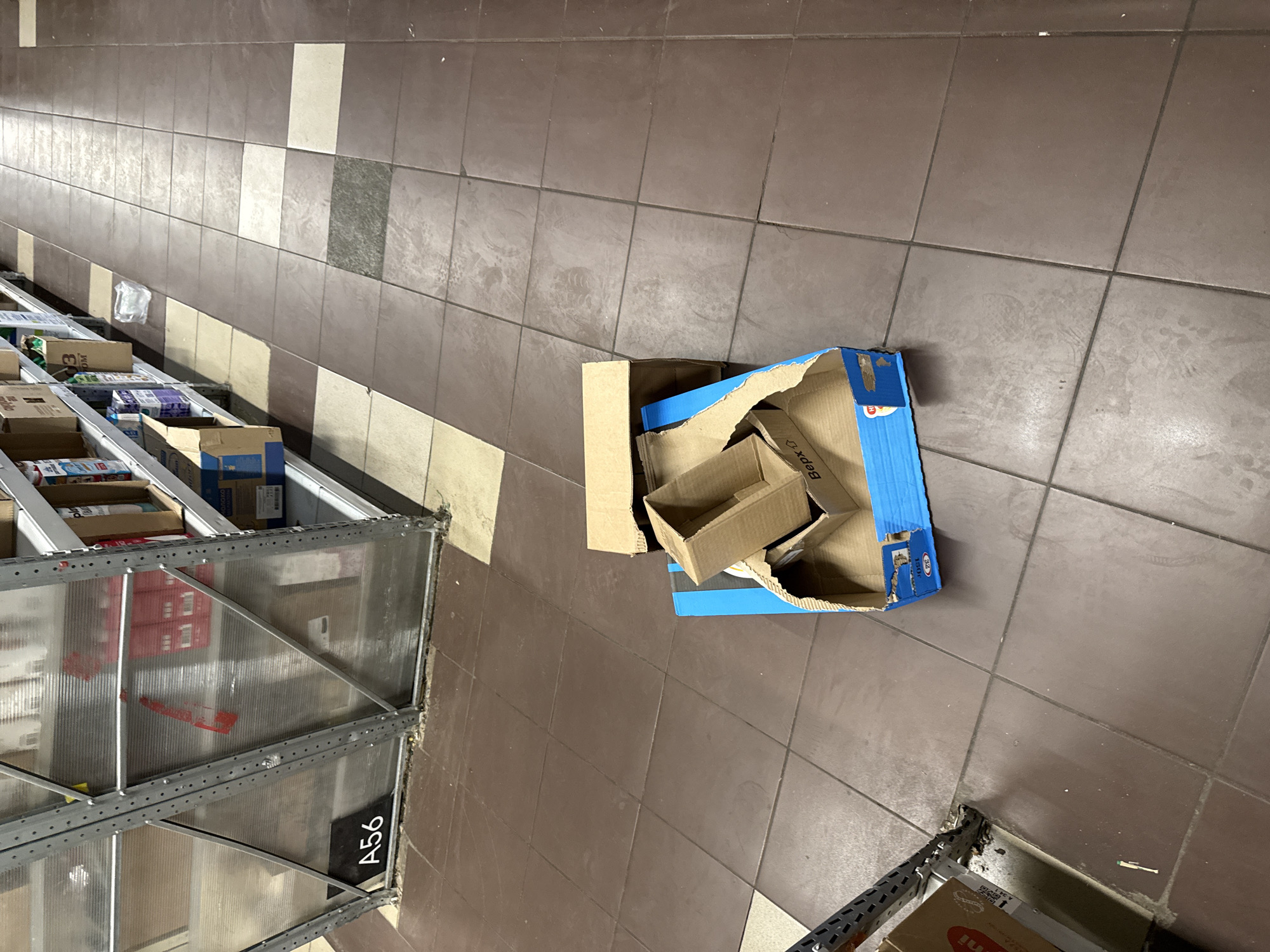 The image depicts a section of a tiled floor within a retail environment, likely a supermarket or warehouse store. The tiles are primarily brown, with lighter, beige or off-white stripes running along what appears to be the aisles.
On the left side of the image is a shelving unit made of gray metal and translucent gray plastic. The unit is labeled "A56". Various packaged products are visible within the shelves.
Scattered in the middle of the frame are several flattened or partially collapsed cardboard boxes. The largest box is blue with some brown sections. Within it are smaller brown cardboard boxes.
In the lower right corner, there's a partial view of another shelving unit, with a brown cardboard box visible inside.
The scene appears to be somewhat disorganized, with the discarded cardboard boxes suggesting recent stocking or unpacking activities.
The location is likely Moscow, Russia as requested. No further evidence is available to confirm the request.