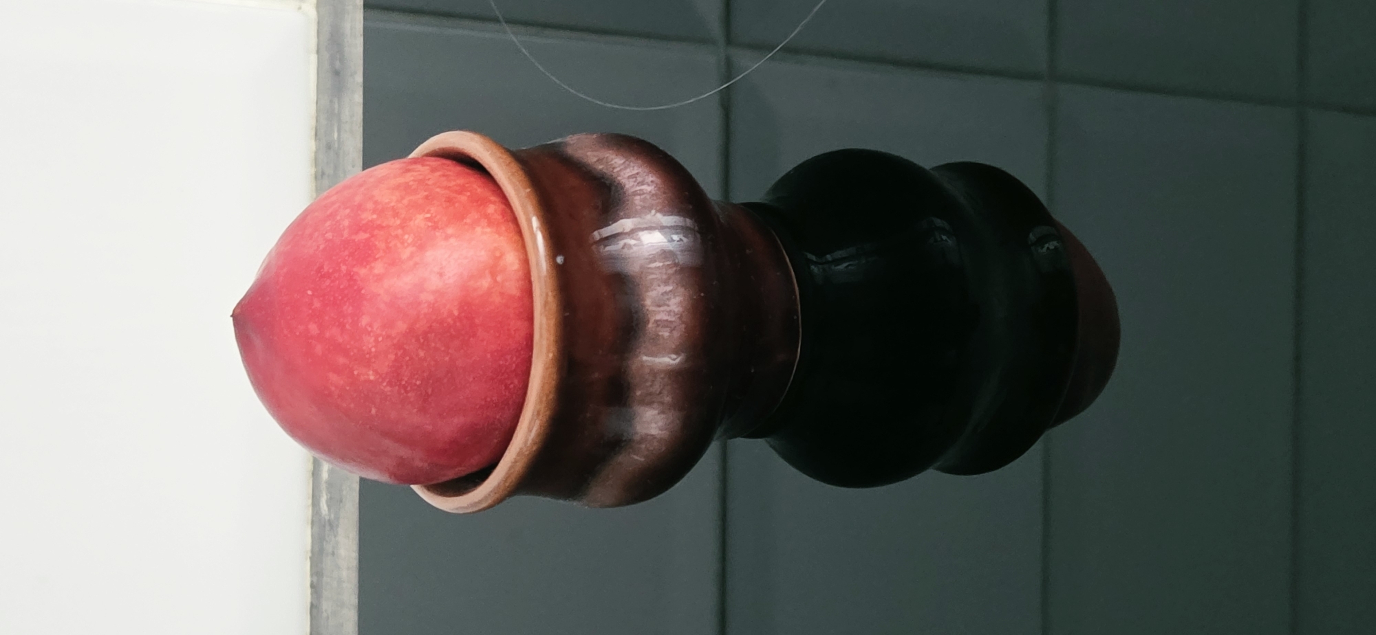 A single, red, round fruit, possibly a peach or nectarine, sits in a small, dark brown ceramic pot. The pot has a slightly fluted rim and a bulbous base. The scene is set on a dark, reflective surface, likely a stovetop, which creates a strong reflection of the pot and fruit. The background is a plain white wall with a grey horizontal line across it. There are no people present, and no actions are taking place. The image appears to be a still life photograph. The location in Lipetsk, Russia, is not discernible from the image itself.