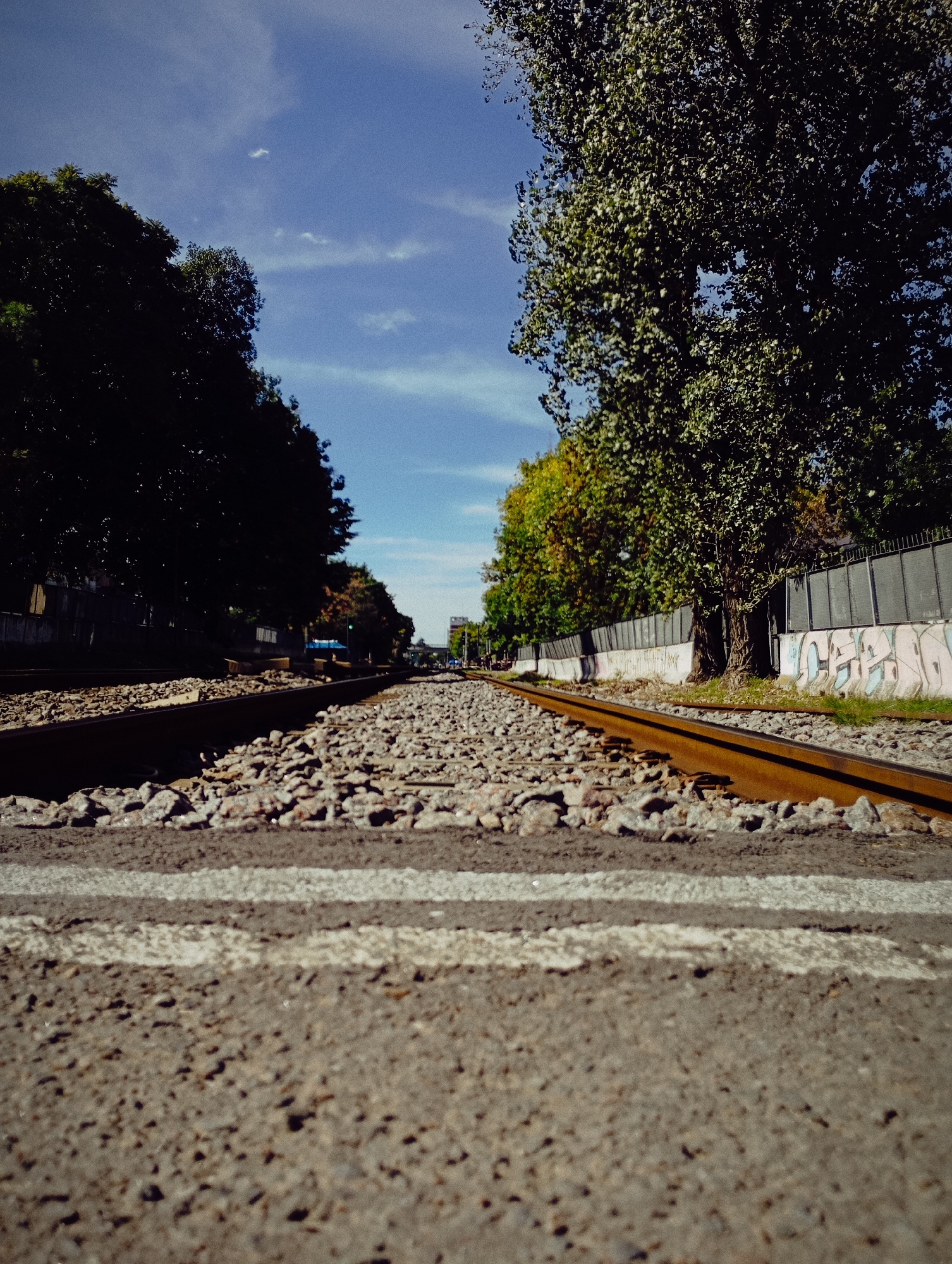 The photograph shows a low-angle, eye-level view of a train track in Buenos Aires, Argentina. The foreground is a concrete surface with a white pedestrian crosswalk marking. The track itself is filled with ballast. Trees line the sides of the track, with a fence visible on the right side that is covered in graffiti. A blue sky with scattered clouds is seen above the trees. The scene is a daytime shot in an urban area.