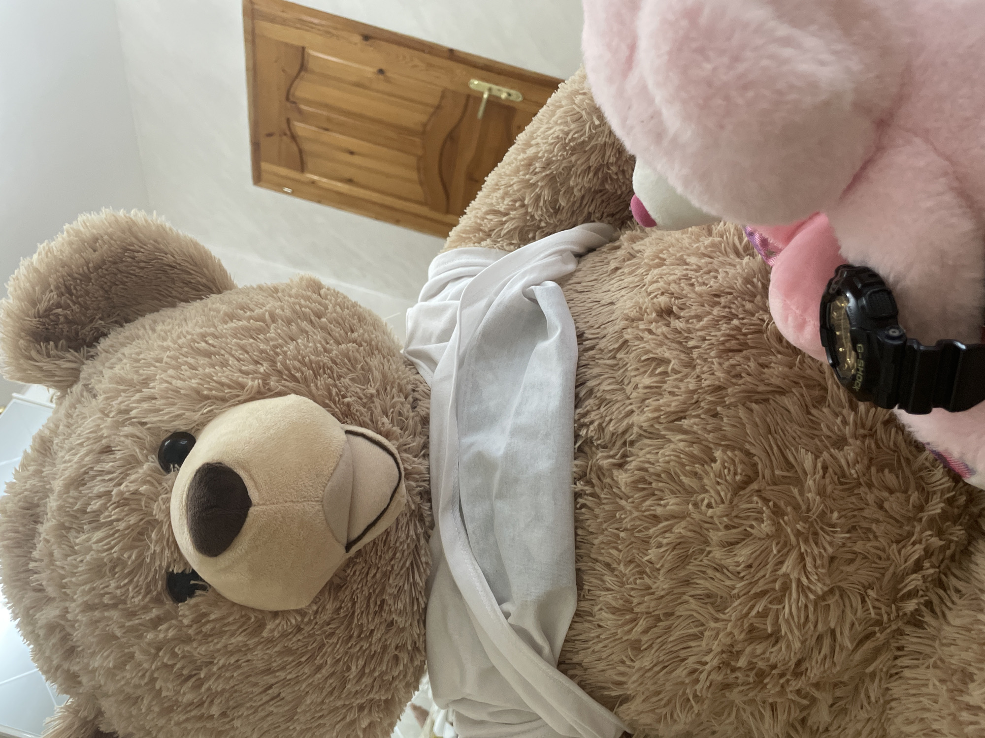 This upward-angled image, taken in Ihtiman, Bulgaria, features two plush teddy bears in an indoor setting. A large, light brown, shaggy teddy bear occupies the majority of the frame, lying on its back or side with its face and black button eyes visible on the left. A crumpled white fabric, resembling a t-shirt, is draped across its body.
To the right, a smaller, light pink teddy bear is partially visible, appearing to rest against the larger brown bear. A black digital watch with yellow accents, clearly displaying "G-SHOCK" on its face, is positioned on or near the pink bear.
The background consists of a bright white wall or ceiling transitioning into a wooden panel with carved details. A small, brass-colored hook is attached to this wooden panel. The perspective is from below, looking upwards, suggesting the objects are on a bed or floor, with the ceiling or upper wall in the background. The lighting is bright and natural, indicating daytime. The scene depicts a quiet, domestic arrangement of toys and personal items.