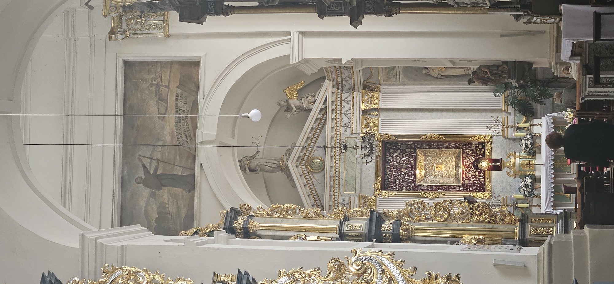 The image shows the interior of a church, likely the Farny Church of St. Francis Xavier in Hrodna, Belarus, known for its Baroque architecture. The focal point of the scene is the main altar, adorned with a golden monstrance, candles, and floral arrangements. Behind the altar, a red tapestry with intricate patterns is displayed, and above it, a painting depicting a historical scene with figures and a fortified city can be seen.
Several statues are strategically placed within the church, including figures of saints and an angel. The church's interior is richly decorated with ornate golden embellishments on columns and architectural elements, characteristic of Baroque style. A single light bulb hangs from the ceiling by a wire, illuminating part of the space.
In the foreground, a person is seated facing the altar, seemingly in prayer or contemplation. Other individuals are also visible in the pews, suggesting a religious service or a moment of quiet reflection. The overall ambiance is solemn and devotional, emphasizing the sacred nature of the church.