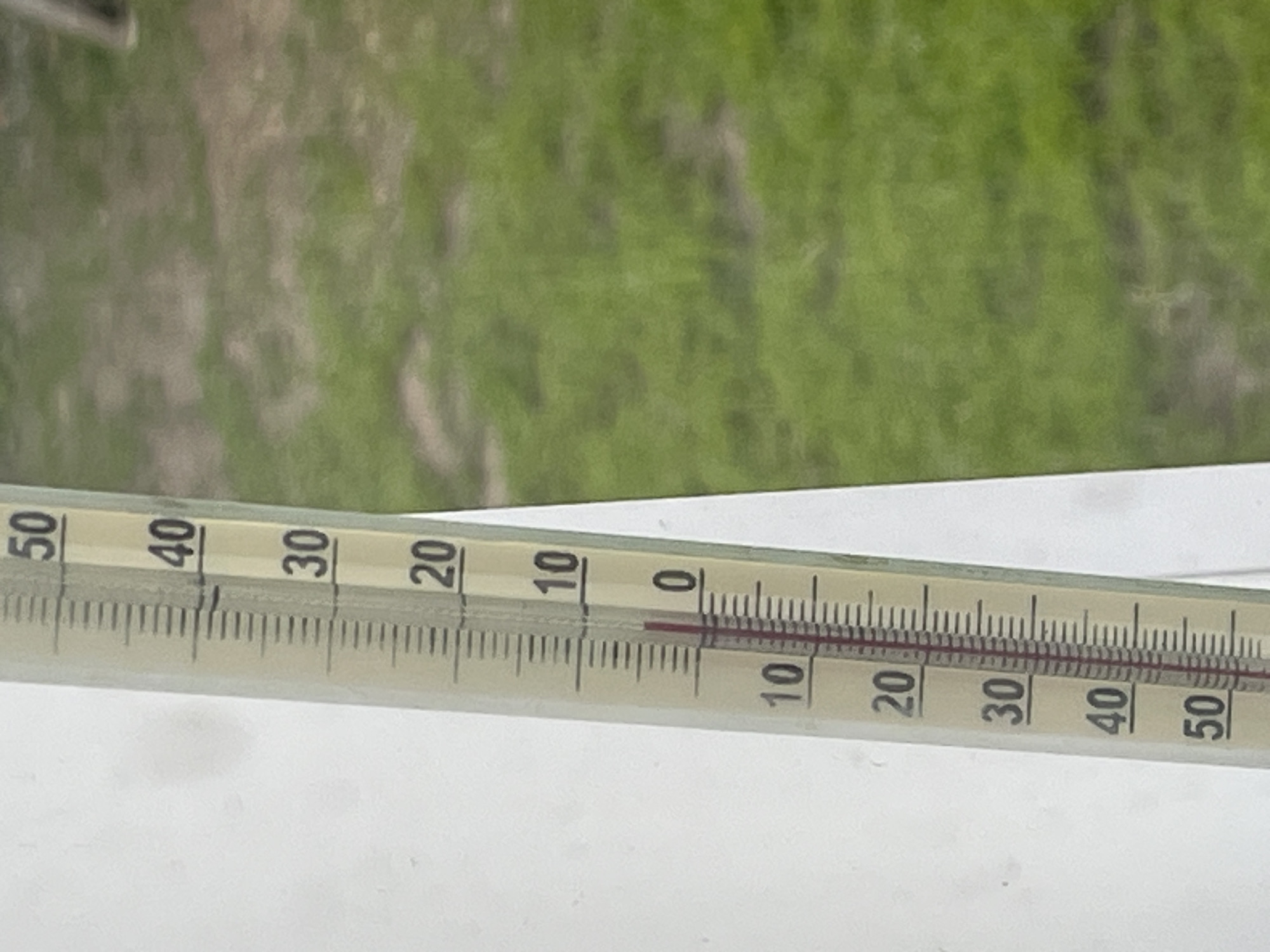 The image shows a thermometer reading approximately 5 degrees Celsius. The background is blurred, showing green vegetation. The location and actions cannot be determined. No people are visible.