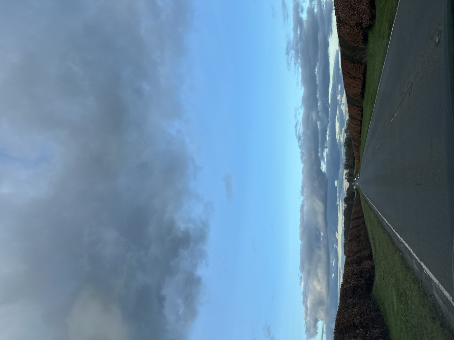 A road stretches into the distance, flanked by green grass and tall hedges on either side. The gray asphalt contrasts with the verdant surroundings. Above, the sky is split between a clear blue and a gathering storm of dark, heavy clouds. The ominous clouds dominate the left side, while the brighter blue sky fades towards the horizon, meeting the road's vanishing point. The scene suggests a blend of calm and impending weather.