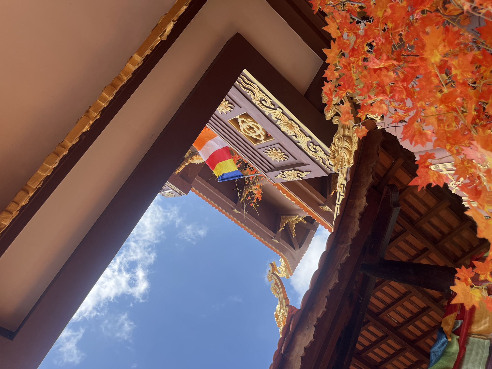 An outdoor, low-angle, medium shot captures the exterior of a Buddhist temple in Mui Ne, Vietnam. The sky, visible through an opening between two brown, overhanging roofs, is a bright blue with scattered white clouds. A Buddhist flag, with horizontal stripes of blue, yellow, red, and orange, flutters from a decorative balcony. The temple architecture is ornate, with gold trim and intricate carvings adorning the eaves and railings. In the foreground, a cluster of artificial orange maple leaves adds a vibrant splash of color to the scene. The overall impression is one of spiritual tranquility and architectural beauty.