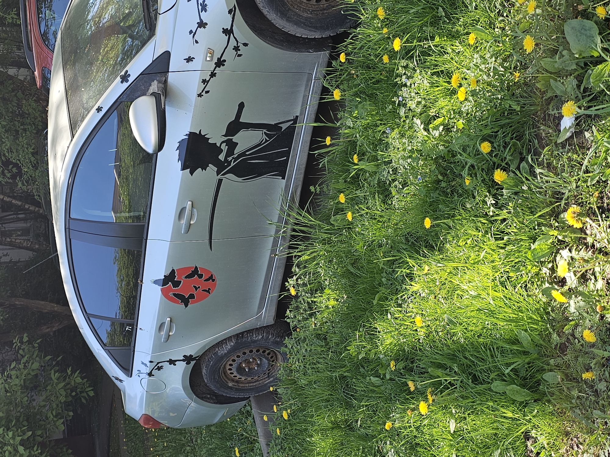 A silver car is parked on the street, partially obscured by a patch of green grass and yellow dandelions. The car has anime-style decals featuring a samurai figure and a red circle with black birds. The location is most likely Moscow, Russia, given the context.
