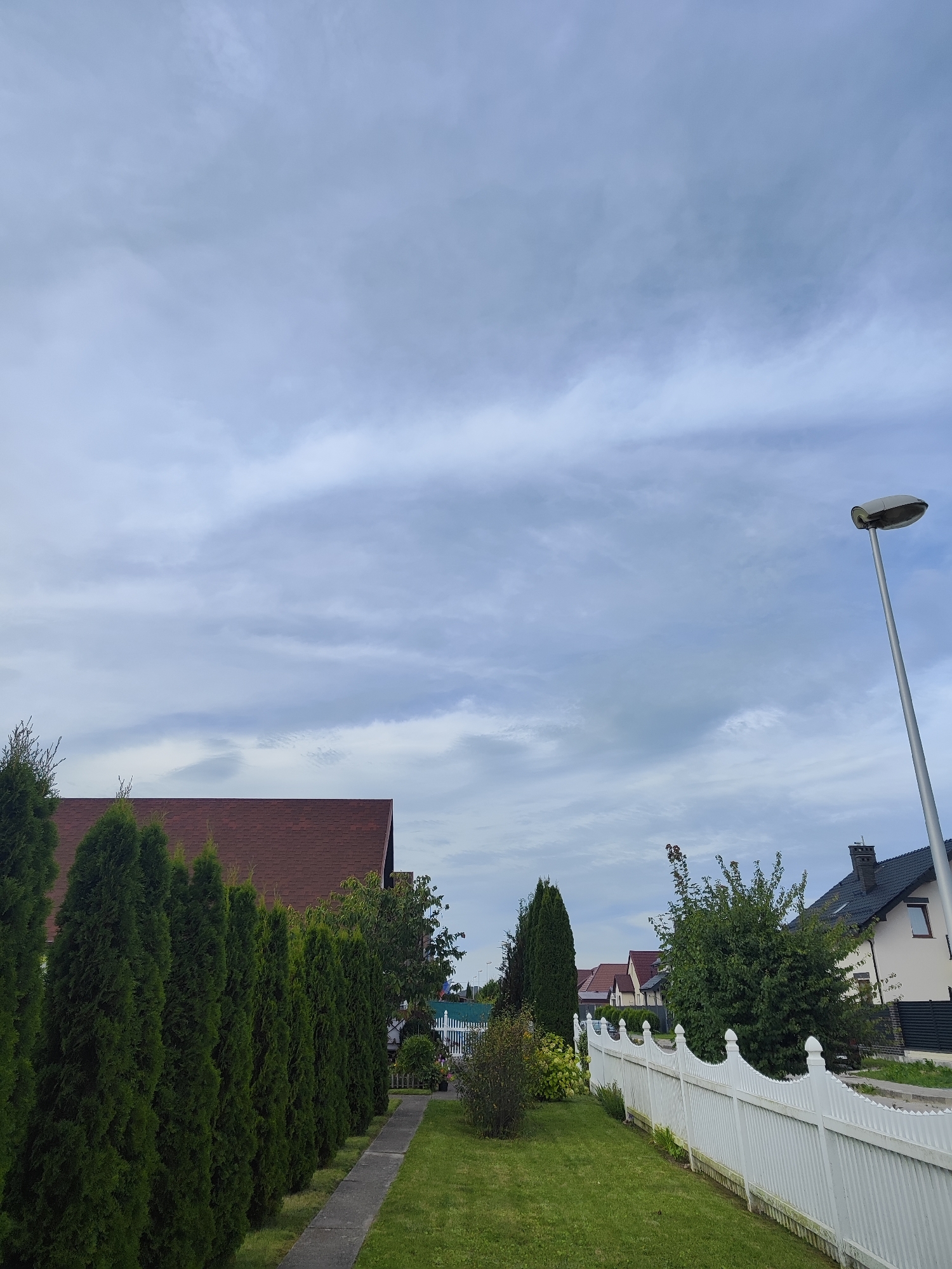 The image shows a suburban street scene under a cloudy sky. In the foreground, a row of tall, dark green evergreen trees lines a concrete pathway. Beyond the trees, a house with a reddish-brown shingle roof is partially visible. A white picket fence runs along the right side of the image, separating a neatly mowed lawn from more houses in the background. A tall streetlamp stands on the right edge of the frame. The houses appear to be typical residential architecture for the region. The overall impression is one of a quiet, residential neighborhood on an overcast day. The location is identified as Gvardeysk, Russia.