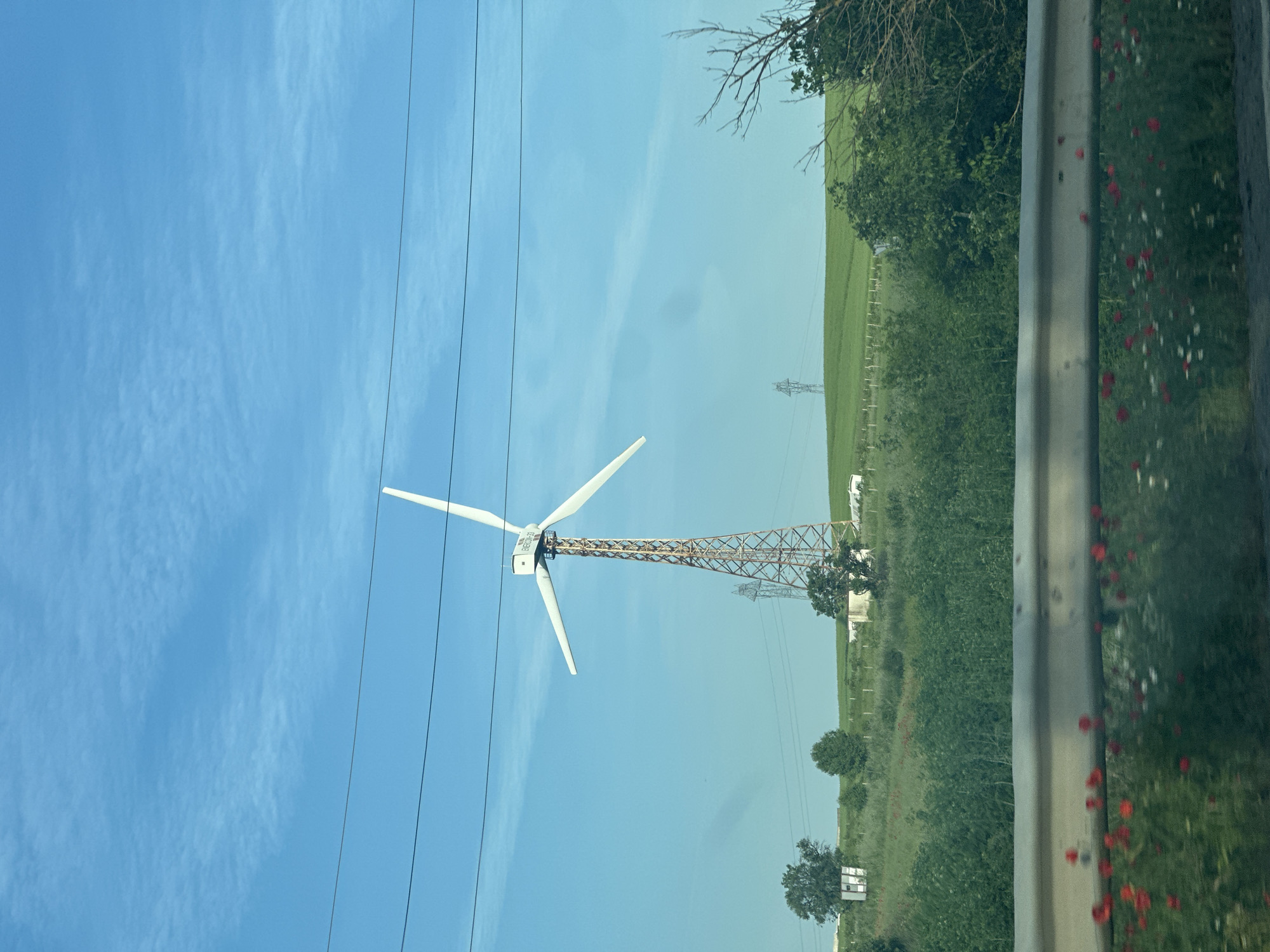 A slightly tilted, medium shot depicts a rural scene. A large wind turbine with three white blades stands prominently in the frame, its tower a lattice structure of brown and gray metal. Power lines crisscross the blue sky to the left of the turbine. To the right, a field of green foliage stretches towards the horizon, punctuated by trees and another smaller transmission tower. A blurred metal guardrail runs along the bottom right of the image, adorned with small red and white flowers. This scene is likely taken near Aytos, Bulgaria, where such wind turbines are often located.