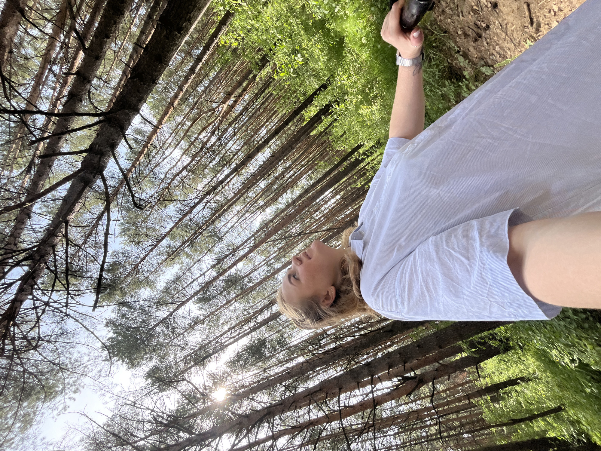 A woman is taking a selfie in a forest, seemingly in the city of Chaikovsky, Russia. She is looking upwards at the trees. The trees are tall and thin, and the sun is shining through the branches. The woman is wearing a light-colored, button-down shirt. She has blonde hair and is wearing a watch. The ground is covered in grass and dirt. In her hand, she is holding what appears to be a black phone.