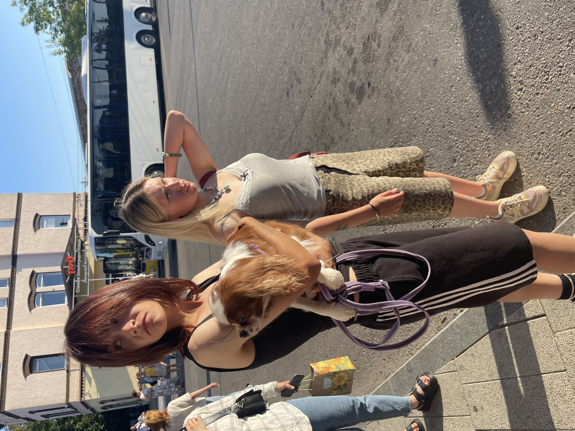 Two young women are standing on a paved area in front of a building. The woman on the left has dark reddish-brown hair and is holding a small dog, which is predominantly brown and white. She is wearing a black tank top and black shorts with white stripes. The woman on the right has blonde hair and is wearing a gray tank top with lace trim and leopard-print shorts. She is reaching up to touch her hair. Behind them, a white bus is parked, and a building with arched windows is visible. The scene appears to be outdoors during the day, with sunlight casting shadows. The building in the background has a sign that reads "Станция Зеленоградск-Новый" (Zelenogradsk-Novy Station).