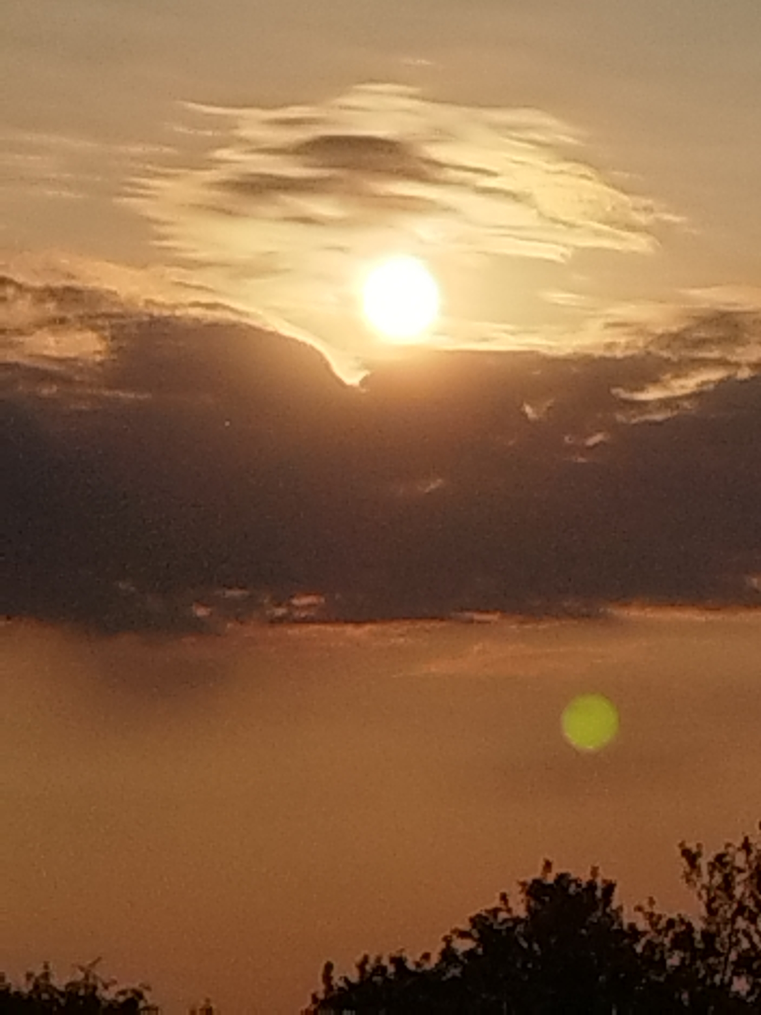 The image captures a sunset over Vidra, Romania. The sun, a bright white orb, is partially obscured by dark, textured clouds. Wispy, lighter clouds stretch across the sky above. In the lower right quadrant of the image, a distinct, bright green circular object, possibly a lens flare or atmospheric phenomenon, is visible against the orange-hued sky. The foreground is dominated by the dark silhouettes of trees and what appear to be buildings, indicating an urban or suburban environment within Vidra. The overall atmosphere is one of a dramatic and colorful twilight.