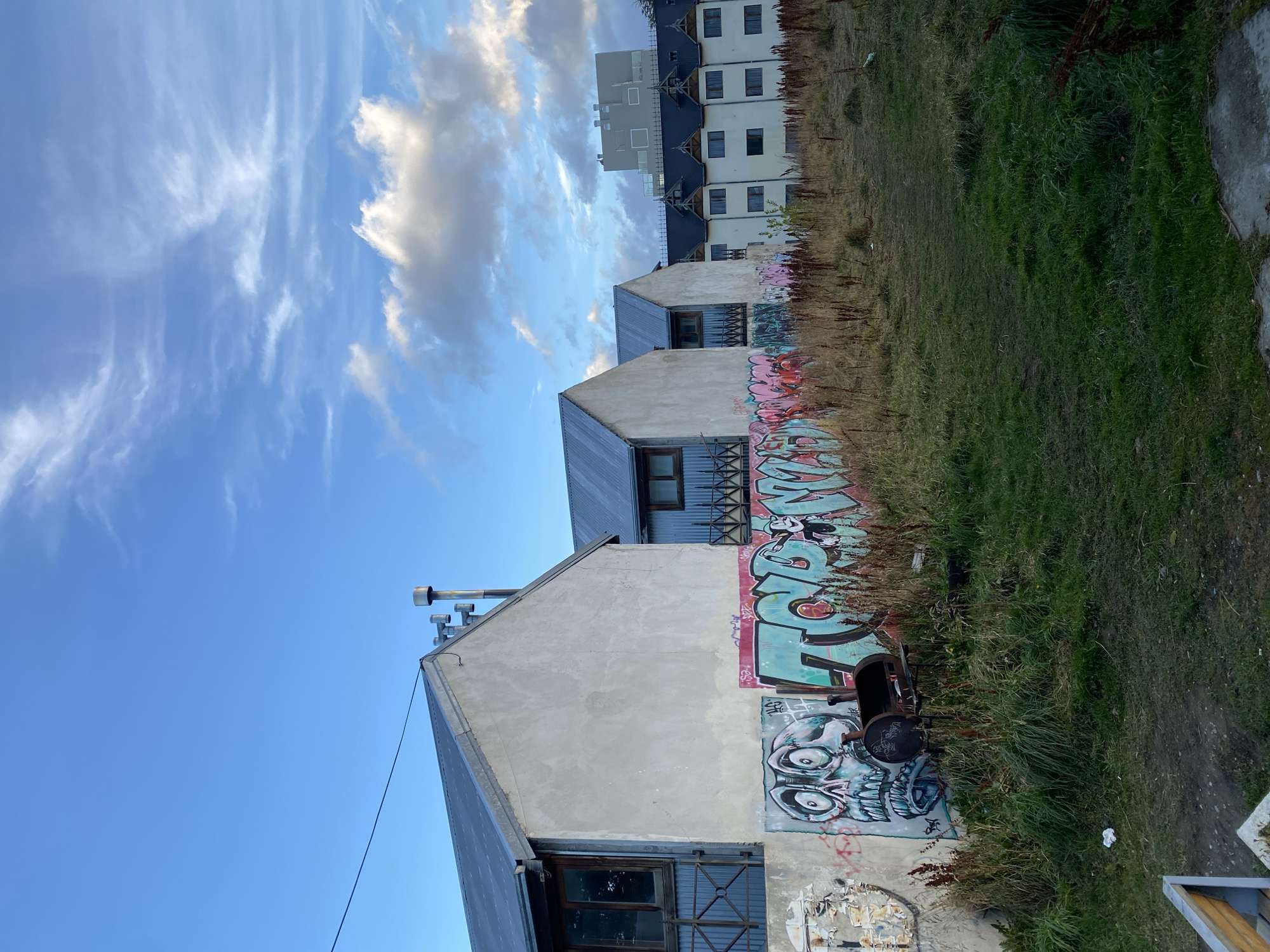 The image depicts a street scene in Ushuaia, Argentina. Foregrounded are two low, weathered buildings with corrugated metal roofs, their exterior walls heavily tagged with graffiti. One building has a chimney stack on its roof. A rusted, dilapidated object, possibly a grill or piece of machinery, sits beside the lower building against the grassy verge. In the middle ground, more buildings are partially visible, also marked with graffiti, with a multi-story, white residential building with dark roof trim in the background. Beyond the buildings, a bright blue sky is populated with cirrus clouds. The foreground consists of overgrown grass and weeds.