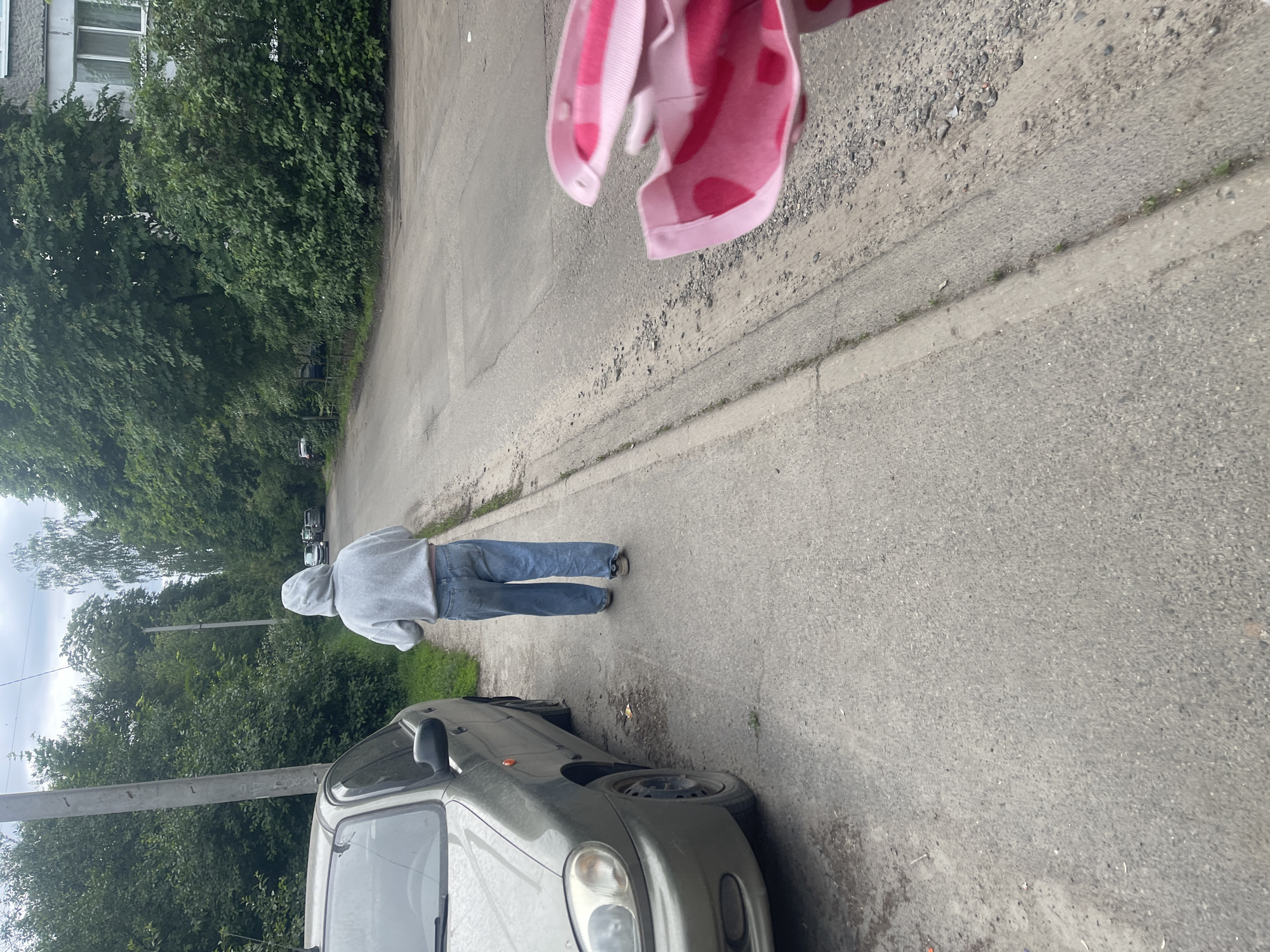 The image captures a daytime outdoor scene on a road in Poltava, Ukraine. A person, viewed from behind, is walking away from the camera down the center of the asphalt road. They are dressed in a light grey hooded sweatshirt and blue jeans.
In the foreground, a grey compact car, possibly a Daewoo Matiz, is partially visible parked on the right side of the road. A pink and white striped fabric, resembling a towel or clothing, with circular pink patterns, is hanging in the upper right corner of the frame, very close to the viewer.
The road surface is asphalt, flanked by narrow, unpaved shoulders with sparse vegetation. Dense green trees and bushes line both sides of the road, suggesting a semi-urban or suburban environment. In the distant left, a multi-story building with windows can be seen partially obscured by foliage. Several utility poles are present along the left side of the road. The sky appears overcast, contributing to the soft, diffused lighting of the scene. No discernible text is visible on any objects or signs.