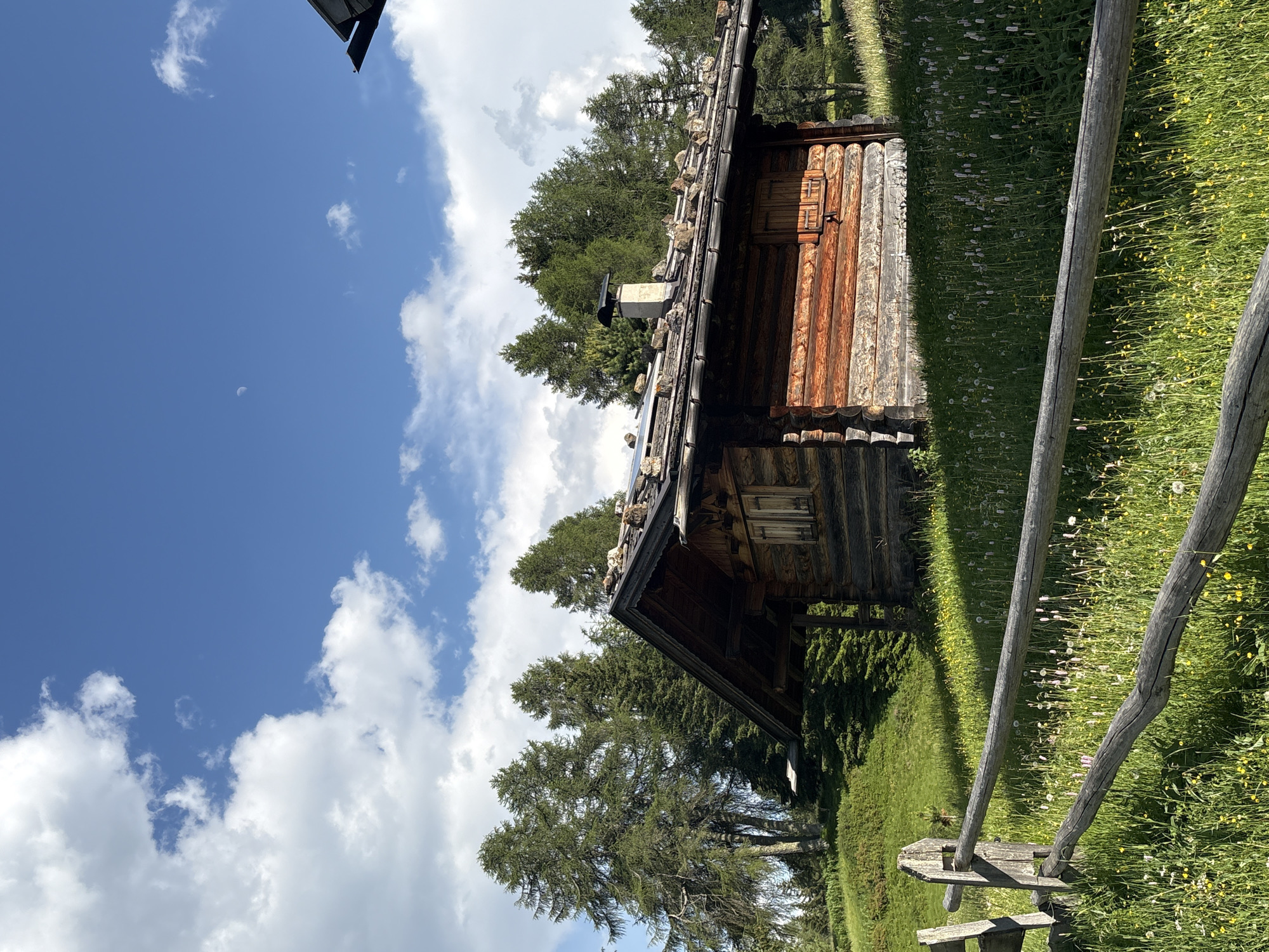 This is a vertically oriented, wide-angle, eye-level shot of a rustic wooden cabin in a grassy field under a blue sky with white clouds. The cabin appears to be made of logs, with a dark, weathered wooden exterior and a shingled roof that is partially covered with stones. A stone chimney is visible on the roof, with a metal pipe extending from it. The cabin has a small window with wooden shutters and a wooden door.
The cabin is surrounded by lush green grass, dotted with small white and yellow wildflowers. In the background, tall coniferous trees form a dense forest. A wooden fence runs along the right side of the frame, with two rough-hewn wooden posts and rails. The sunlight suggests it is daytime, likely midday or early afternoon, and the weather appears to be clear and sunny. There is no visible text in the image. The scene evokes a sense of peace and solitude, perhaps in a rural or mountainous region.