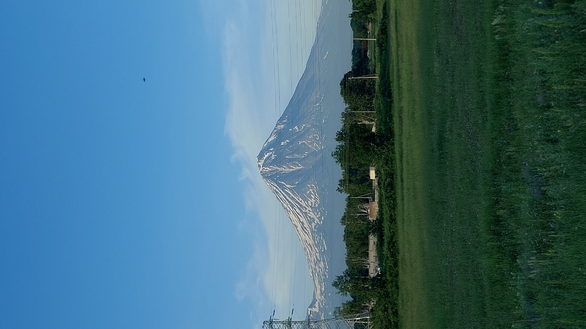 The image depicts a landscape dominated by a conical mountain, likely a volcano, with snow-capped peaks. The mountain is prominently featured against a clear blue sky with wispy clouds. In the foreground, to the right, a vast, green field stretches out. To the left of the field and the base of the mountain, a line of trees is visible, behind which some structures and utility poles with power lines can be discerned. The image is oriented vertically, suggesting it might have been taken with a phone camera in portrait mode. The lighting suggests it is daytime, possibly late afternoon due to the long shadows. A small dark silhouette of a bird is visible in the upper left quadrant of the sky. The overall scene conveys a sense of natural beauty and vastness.