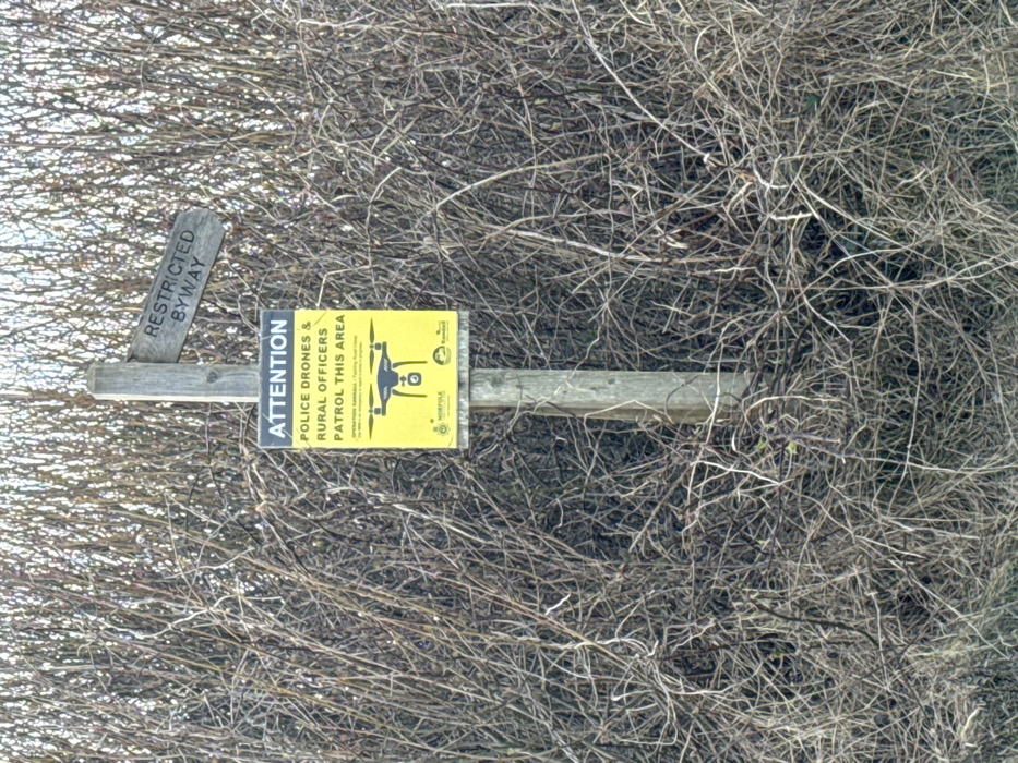 A weathered wooden signpost stands centrally, embedded in dense, tangled leafless vegetation typical of a rural hedge or scrubland. Two signs are affixed to the post. The upper sign is a small, rectangular piece of light-colored wood, angled upward to the right, bearing the faded inscription "RESTRICTED BYWAY" in black text. Below it, a larger, vertical rectangular sign in bright yellow displays prominent black text: "ATTENTION / POLICE DRONES & / RURAL OFFICERS / PATROL THIS AREA." Beneath this warning, an illustration of a black quadcopter drone with a camera is visible. Further small black text reads "OPERATION AMBERFIELD - Tackling Rural Crime" and "Help keep Norfolk a safe place to live and work." The bottom of the yellow sign features the "NORFOLK CONSTABULARY" logo on the left and a partially obscured logo (likely North Norfolk District Council) on the right. The vegetation background consists of numerous dark, intertwining bare branches and twigs, suggesting a winter or early spring season. The scene is located in a rural area within the North Norfolk district of the United Kingdom. No individuals or active interactions are depicted; the scene conveys informational warnings.