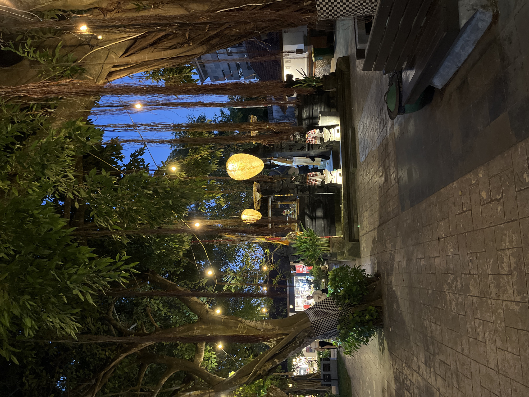 The image shows an outdoor scene at dusk in what appears to be a city or town in Indonesia. The location is "Unknown, Indonesia." The view is along a paved walkway lined with large trees featuring aerial roots. String lights are hung among the roots and branches of the trees, and larger, glowing pendant lights are interspersed as well. A bench is visible along the right side of the walkway, and the walkway itself is paved with rectangular stones. In the background, there are buildings and what seem to be shops. Some of the trees near the walkway are decorated with a black-and-white checkered pattern fabric, which is a common sight in Bali. There are no clearly visible people in the primary view, though there is a blurry human figure standing under a shop sign. The overall atmosphere suggests a tourist area or a place with cultural significance.
