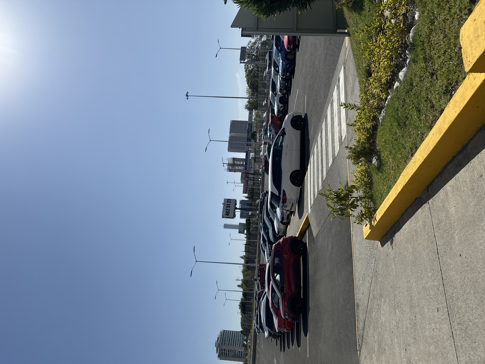 The image depicts a large outdoor parking area, likely a car dealership or a storage lot for vehicles, under a bright, clear blue sky. The sun is visible as a strong light source in the upper left, suggesting daytime, possibly morning or late afternoon.
In the mid-ground, a long row of various cars, including SUVs and sedans, is parked. The vehicles display an array of colors, such as white, red, black, and blue. A white car with dark wheels is prominent in the immediate foreground, positioned on the left side of a wide asphalt area that includes a white-striped pedestrian crosswalk.
To the right of the asphalt, a landscaped median features green grass and scattered bushes, bordered by a distinct yellow concrete curb. Beyond this curb, a concrete sidewalk or path extends.
The background reveals a cityscape with multiple buildings of varying heights, some appearing to be under construction, set against the clear sky. Several tall streetlights or utility poles are spaced throughout the scene, one of which holds a white sign with dark numbers "482 51 21". No people or specific activities are visible, conveying a sense of quiet and order.