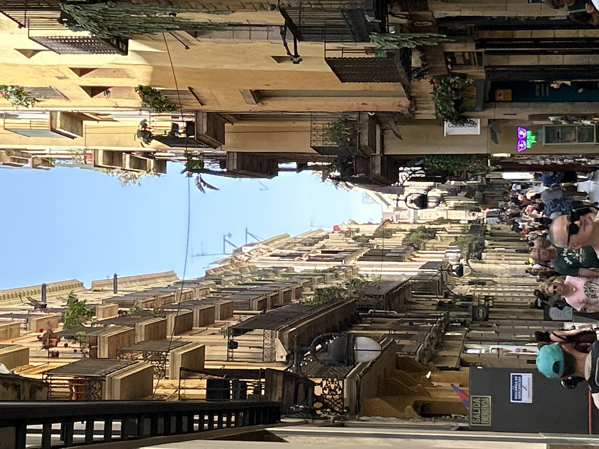 The image depicts a bustling pedestrian street in Barcelona, Spain. Tall, narrow buildings with balconies line both sides of the street, their facades painted in warm, muted tones of yellow and ochre. Many of the balconies are adorned with potted plants and flowers, adding touches of green and color to the urban landscape. Several outdoor lamps are mounted on the building walls, suggesting an evening or early morning scene.
A dense crowd of people walks down the street, some appearing to be tourists, others locals. They are dressed in casual summer clothing. In the foreground, a man wearing a turquoise baseball cap is visible from behind. Further down the street, other individuals are seen browsing shops or simply walking, their faces largely obscured by the crowd. Shop signs and advertisements are visible on the lower levels of the buildings, indicating retail activity. The sky above is a clear, bright blue.
One sign, partially visible on the left side of the image, reads "SALIDA EMERGENCIAS," which translates to "Emergency Exit," suggesting the presence of businesses or residences within the buildings. Another sign, further down on the right, appears to be an advertisement for "Cescene." The architecture, the style of the buildings, and the signs suggest a location in the older part of Barcelona, possibly a commercial or tourist district. The overall atmosphere is one of a lively, sun-drenched city street.