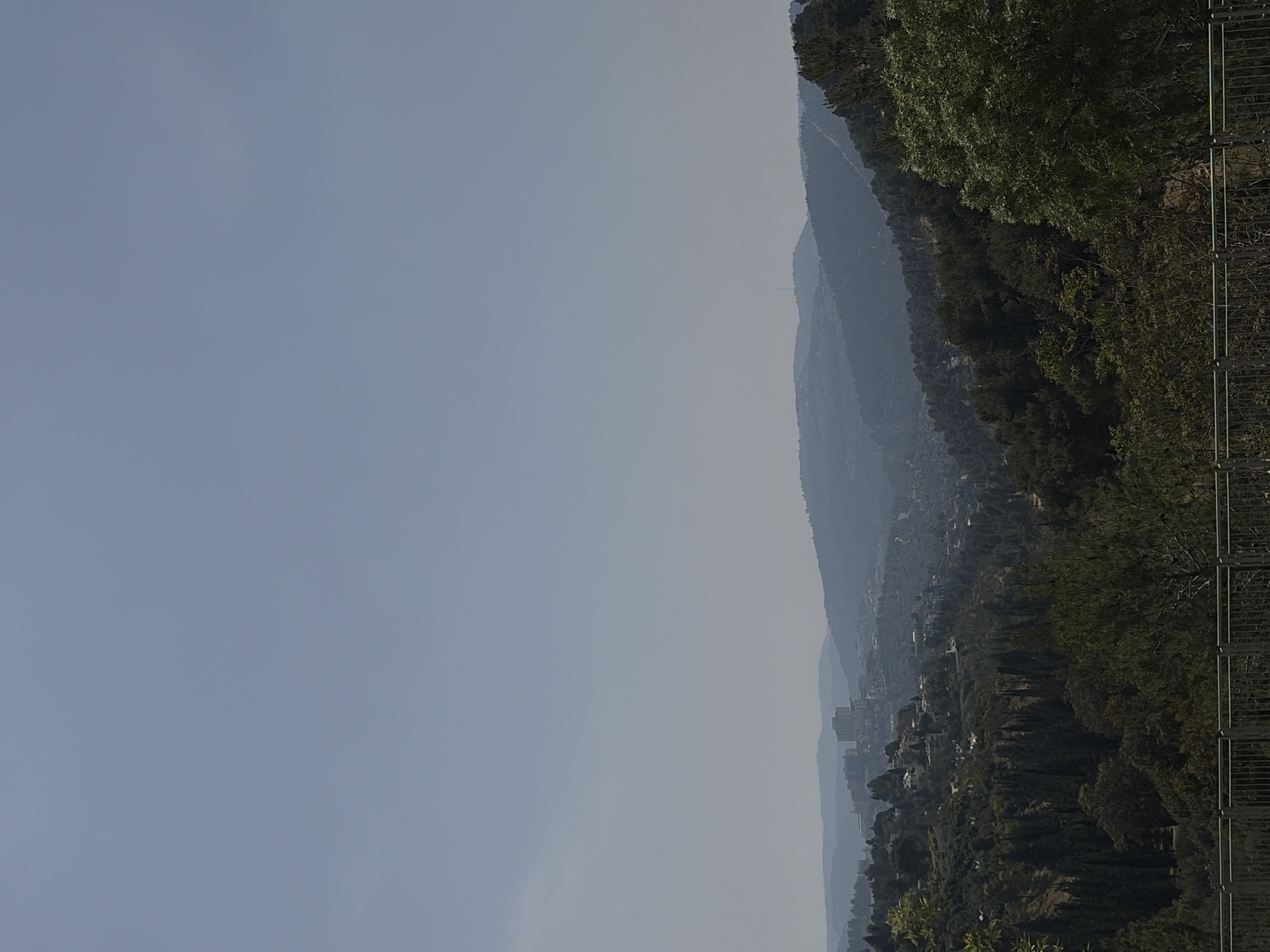 The image depicts a landscape view in an urban setting, potentially a city called Unknown, Unknown. The left side of the image is dominated by a pale blue sky with subtle variations in tone, suggesting a clear but slightly hazy atmosphere. On the right, a steep, densely forested hill rises, covered in dark green trees and vegetation. A metal railing runs along the very edge of the hill, providing a barrier and a vantage point from which to view the scene. In the distance, nestled between the hills, lie buildings and structures, indicating the presence of an urban area. The overall impression is one of a city nestled within a natural environment, with a blend of urban development and natural beauty.