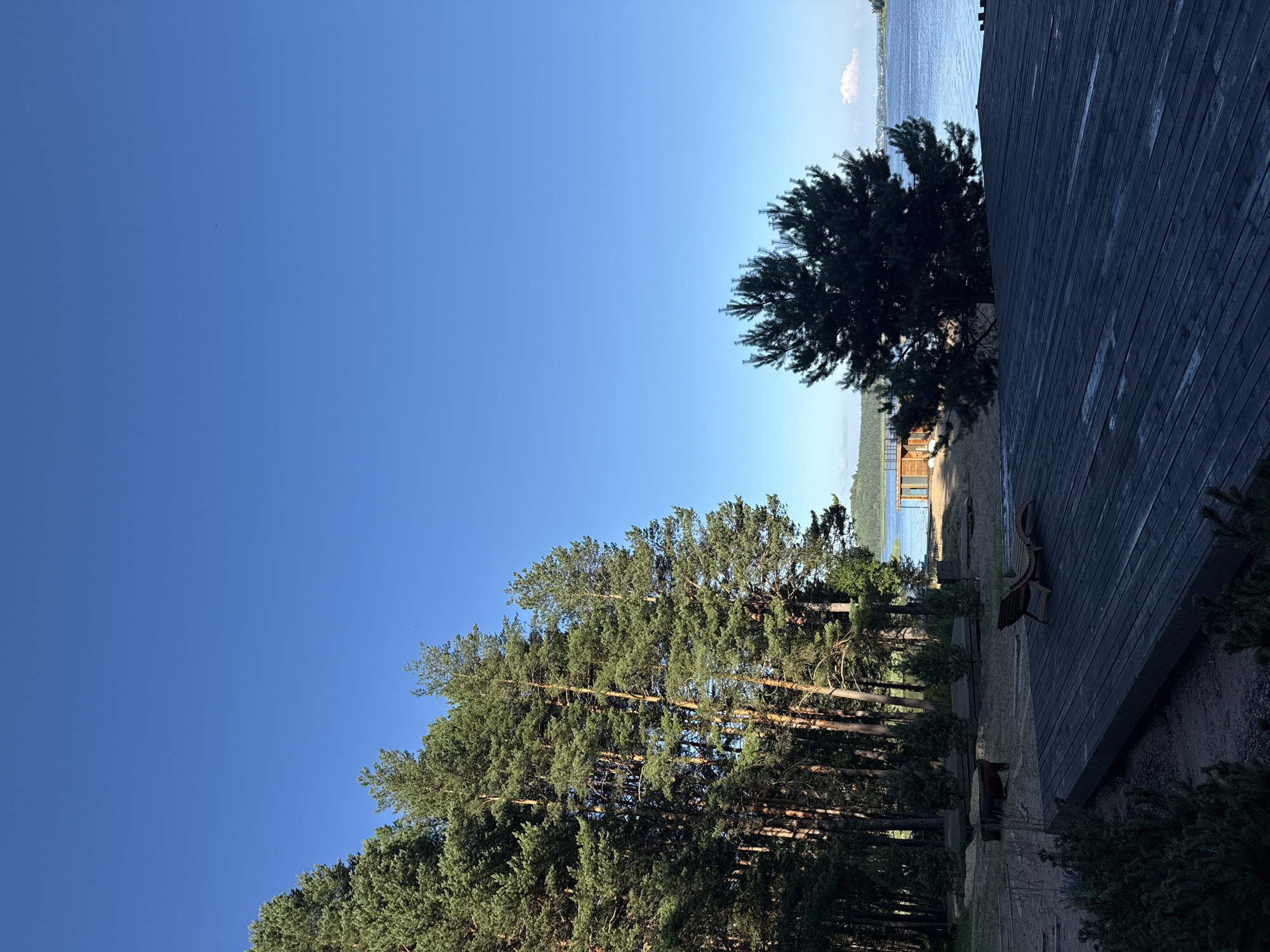 The image depicts a serene lakeside scene, likely in Votkinsk, Russia, characterized by a clear blue sky and calm waters. In the foreground, a dark wooden deck occupies the lower portion of the frame, with two empty wooden lounge chairs placed on it. Beyond the deck, a sandy area is visible, bordered by a dense forest of tall pine trees to the left.
In the middle ground, the lake stretches out, reflecting the sky. On the opposite shore, a small wooden structure, possibly a boathouse or a small building, is situated near the water's edge. Another lone pine tree stands prominently in the right-middle ground, its dark silhouette contrasting with the bright sky. The background reveals a low, forested shoreline, suggesting the natural landscape of the region. The overall impression is one of tranquility and natural beauty, characteristic of a summer day by a lake.