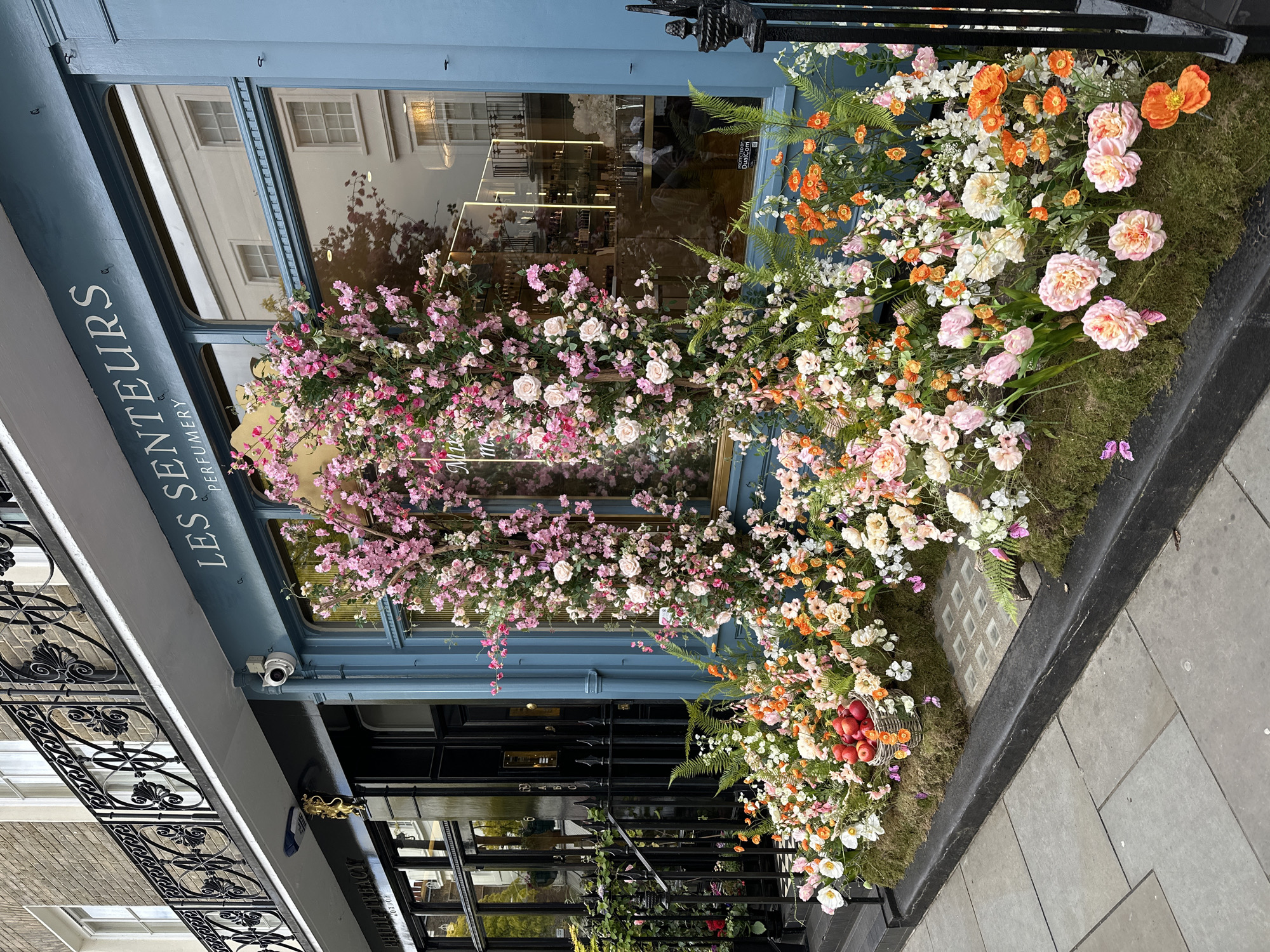 The image shows the exterior of a shop called "Les Senteurs Perfumery" on Elizabeth Street in London, United Kingdom. The shopfront is painted a light blue color, with the name of the shop written vertically in white lettering on the left side. The shop's windows are decorated with an abundance of flowers, including pink cherry blossoms and a variety of other colorful blooms in orange, peach, and white. The flowers appear to be arranged in a dense display, overflowing from the base of the window and extending upwards. A security camera is visible above the entrance. A black wrought iron fence runs along the front of the shop. The reflection in the windows show buildings across the street.