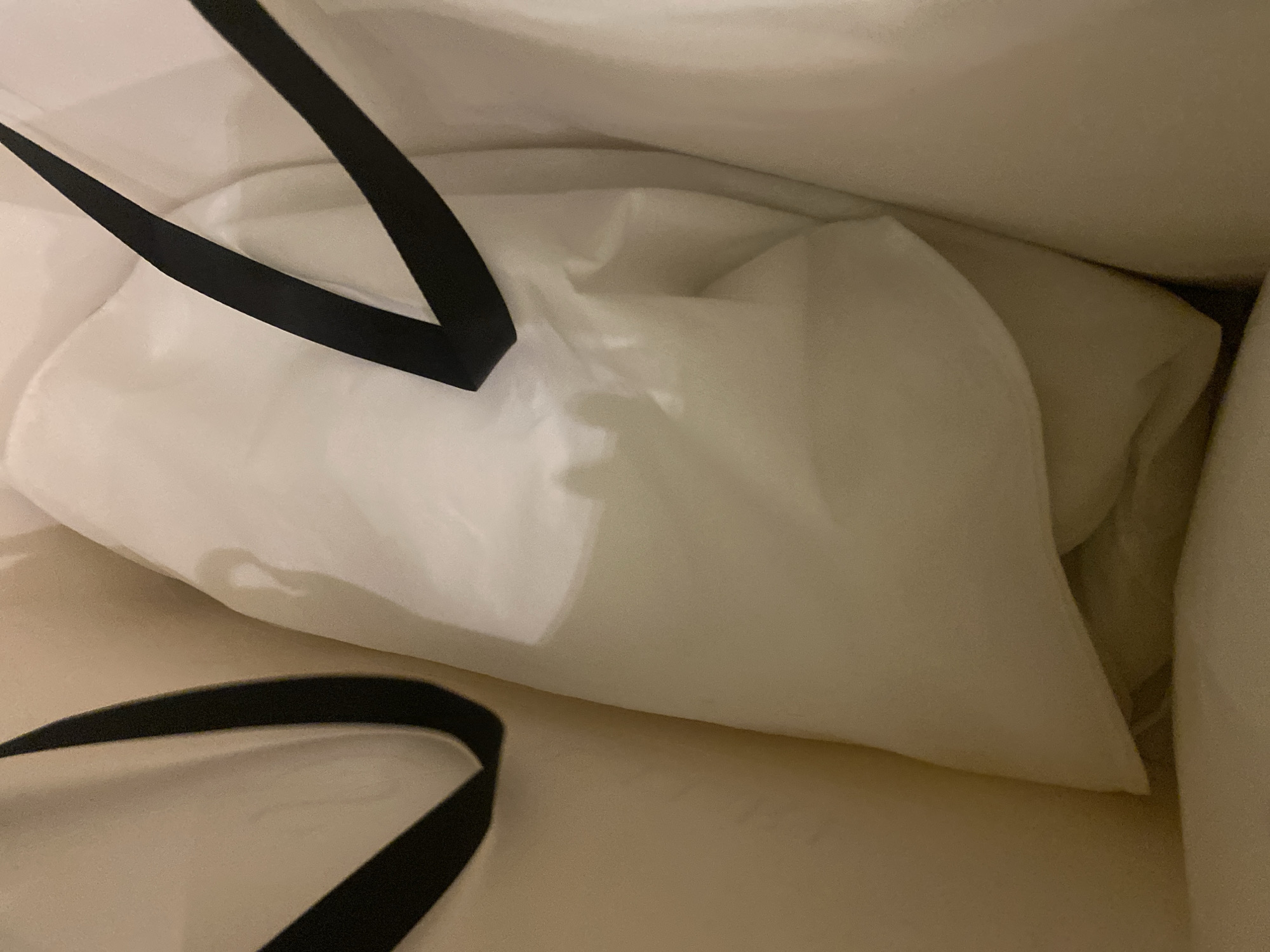 The image shows the interior of a white shopping bag, viewed from above. The bag contains several items wrapped in white tissue paper, some of which are partially visible. Black ribbon handles of the bag are also visible, one on the left and one extending from the top left corner. The lighting suggests an indoor setting, possibly at night or in a dimly lit room, as the overall tone is muted and shadows are present. The scene appears to be within Buynaksk, Russia. There is no text visible in the image.
