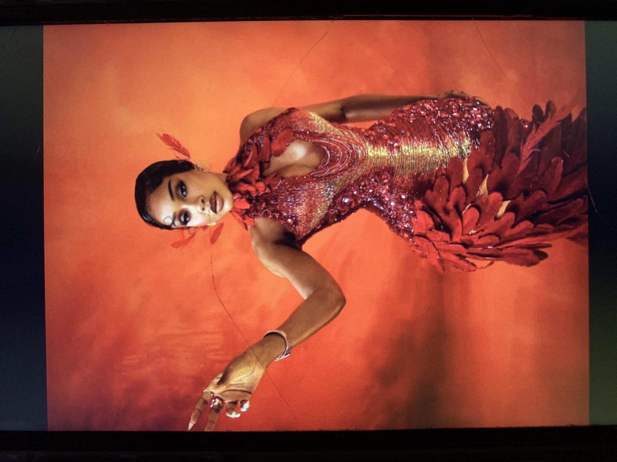 A woman with dark skin and dark hair is wearing a red and gold, form-fitting dress with red feather accents. The background is a gradient of orange and red. She is looking at the viewer and extending her left arm toward the bottom of the frame. She is wearing a bracelet and rings. The location of the image is not identifiable as New Stadium, Nigeria.
