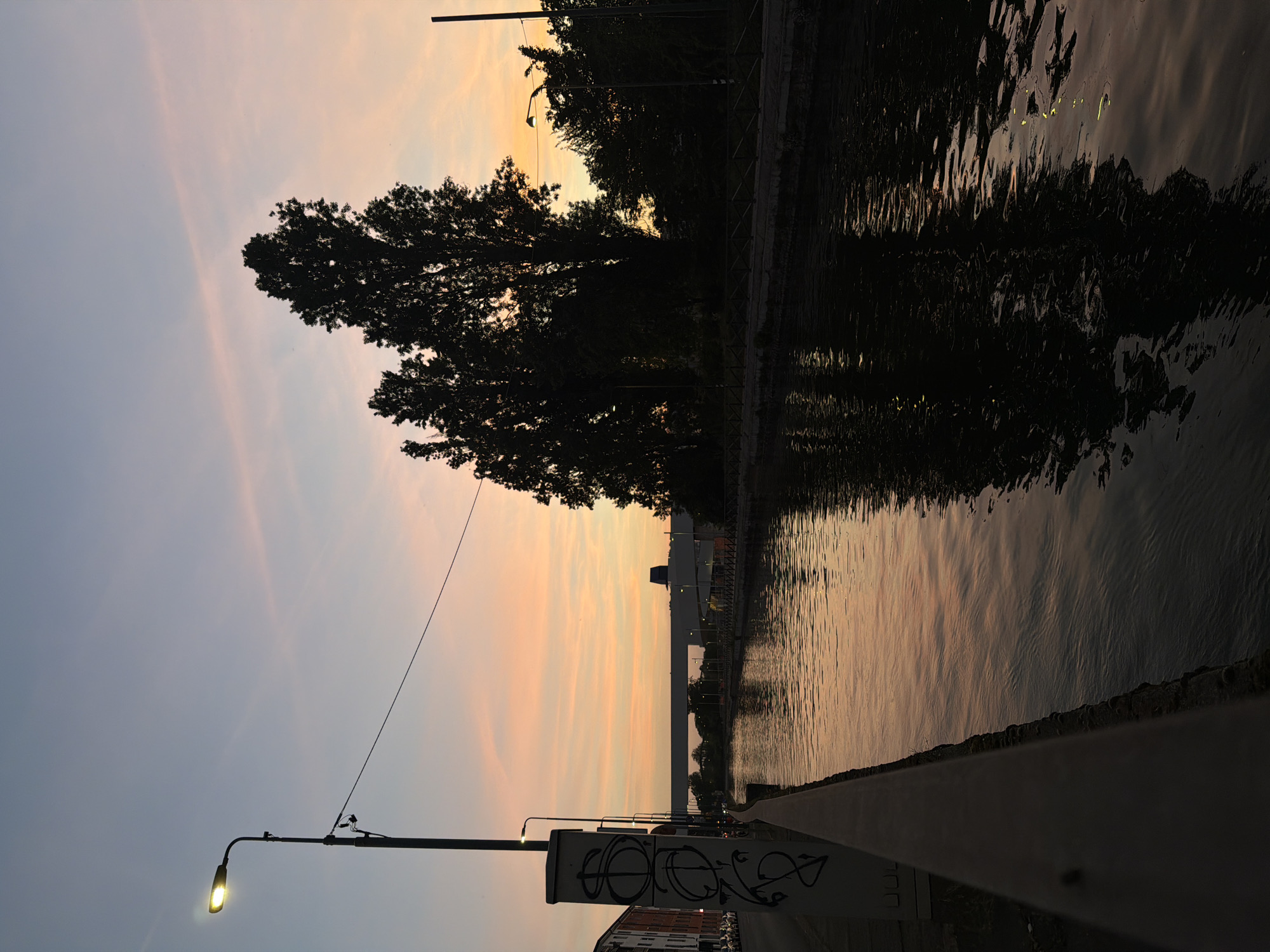 The image captures a tranquil twilight or dawn scene along a canal, likely in Milan's Navigli district. The sky dominates the upper portion, displaying soft gradients of pale blue blending into warm pinks and oranges towards the horizon, indicating either sunrise or sunset. This colorful light is reflected vividly in the calm, dark waters of the canal, creating a mirror image of the sky and surrounding elements.
In the foreground, on the lower-left side, a bright street lamp casts a strong yellow glow, standing out against the dimming light of the sky. Below it, a grey utility box or barrier is visible, adorned with intricate, stylized graffiti or a tag, featuring swirling lines and shapes that are difficult to decipher as specific letters. A dark embankment or pathway runs along the left side of the canal, extending towards the distance.
Large, dense trees heavily silhouette against the colorful sky. A prominent tree dominates the mid-left portion of the frame, its dark canopy forming an abstract shape. More trees line the opposite bank of the canal, their dark forms reflected in the water's gentle ripples. In the far background, across the water, various structures are faintly visible, including what might be buildings or a bridge, also largely silhouetted.
The scene conveys a sense of peaceful solitude and natural beauty. The striking contrast between the illuminated sky and the dark silhouettes of the trees and foreground objects, combined with the reflective surface of the water, creates a picturesque and contemplative atmosphere. No people or specific activities are visible, emphasizing the quiet stillness of the moment.