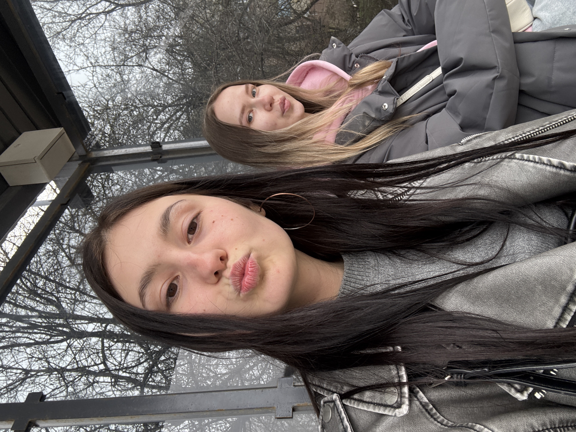 Two young women are captured in a vertical-oriented photo, likely taken in Chaikovsky, Russia, within what appears to be an outdoor shelter, possibly a bus stop. The setting indicates an overcast day in late autumn or winter, with bare tree branches visible through transparent panels and in the background, under a grey sky.
In the foreground, a woman with long, dark hair is wearing a grey knitted top and a grey or black leather jacket. She is looking directly at the camera with a playful "pouty" expression, commonly known as "duck lips," and wears a hoop earring. Her face shows some freckles.
Behind her, the second woman has long blonde hair with visible dark roots. She is dressed warmly in a pink hooded sweatshirt layered under a grey puffer jacket. She also looks towards the camera, displaying a neutral to slightly amused expression.
To the upper left, a white rectangular box is mounted on a dark metal structure, which forms part of the shelter's framework. The overall atmosphere is casual, suggesting the two are friends or acquaintances posing for a photo while waiting or resting. There is no visible text in the image.