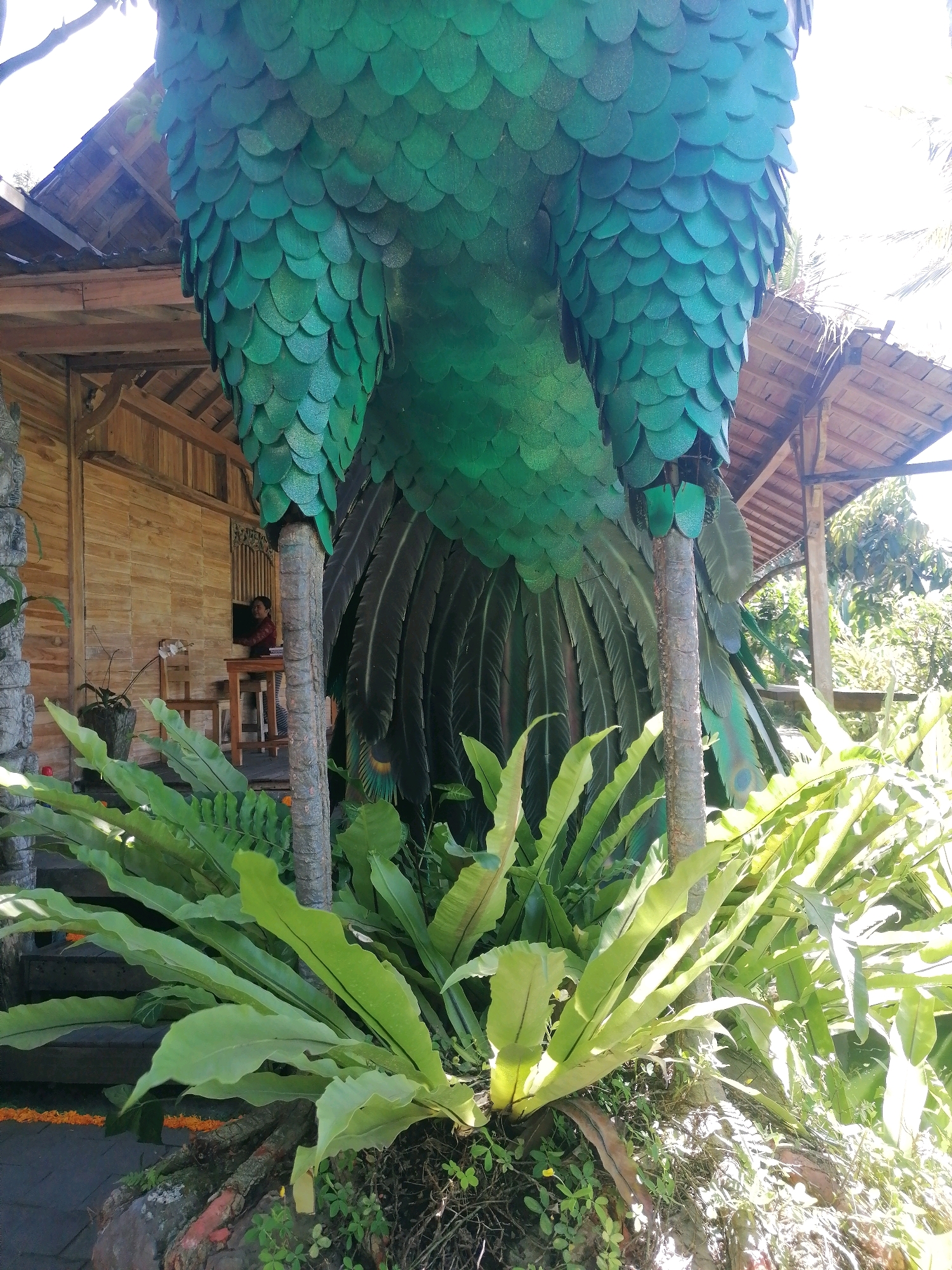 The image depicts an outdoor scene in Ubud District, Indonesia, featuring a large, stylized peacock sculpture. The sculpture is predominantly green, with its body covered in overlapping, scale-like elements. Two thick, textured legs of the sculpture are visible, supporting its massive form. Behind the sculpture, a building constructed with wood is partially visible, with a thatched roof. In the foreground, lush green ferns and other tropical foliage are arranged around the base of the sculpture. Sunlight streams through the scene, creating highlights and shadows on the foliage and sculpture. A woman is faintly visible inside the wooden structure, standing near a table. The overall impression is of an artistic installation within a tropical environment.