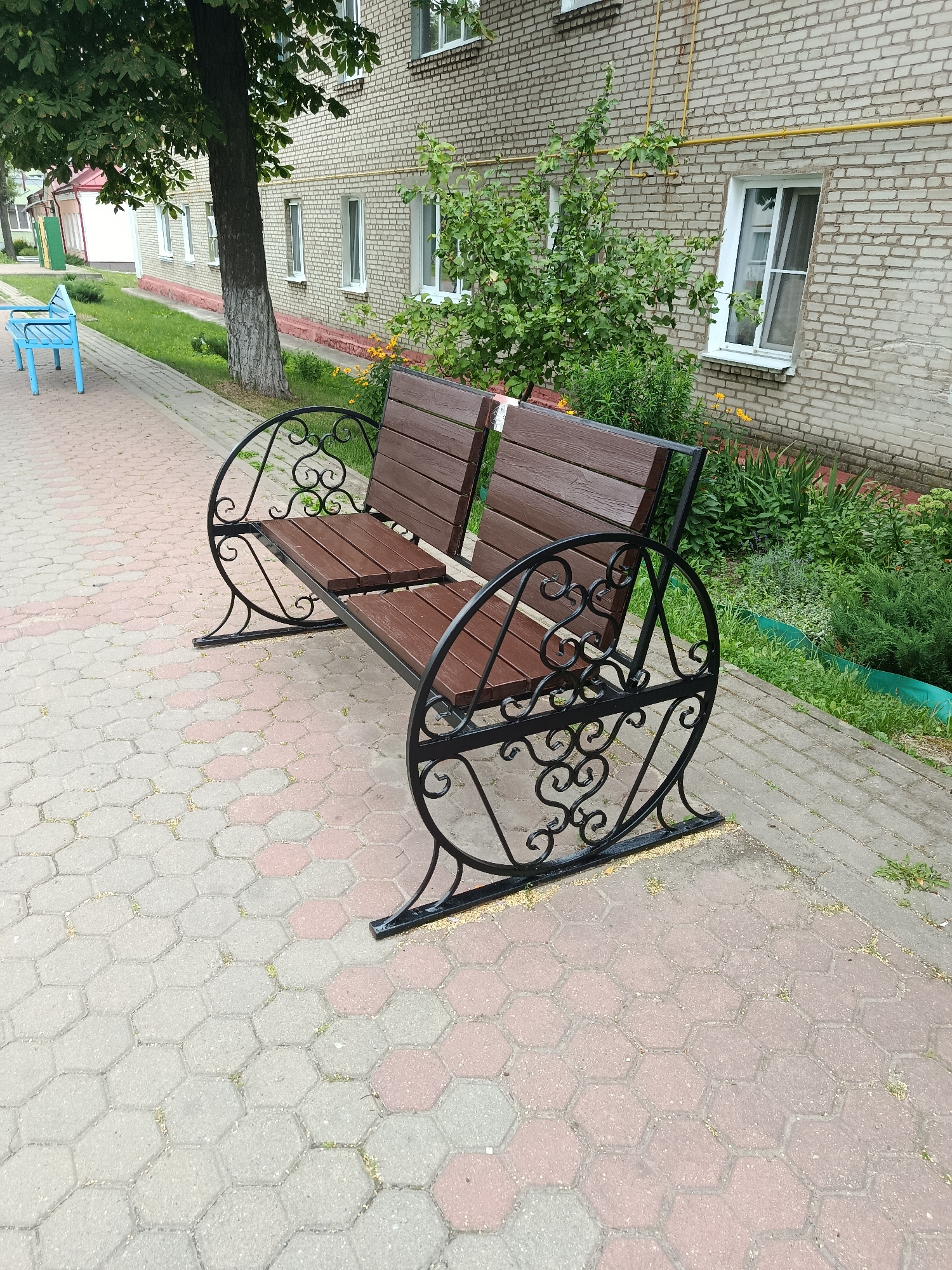The image shows a park bench with a decorative black metal frame and wooden slats, positioned on a paved sidewalk. The sidewalk is made of hexagonal pavers in shades of gray and pink. To the left of the bench, a patch of grass and a tree with lush green foliage are visible. In the background, a brick building with white-framed windows and a yellow gas pipe running along its exterior is present. A blue bench can be seen further down the path. The environment appears to be a residential area or a public park in the city of Zhlobin, Belarus. There are no people visible in the image.