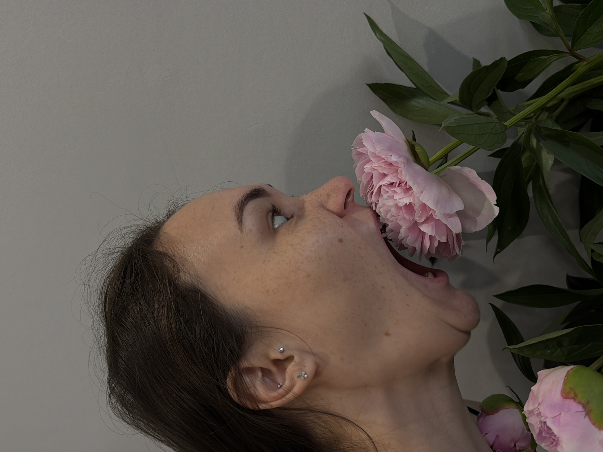 A side profile of a young Caucasian woman with dark hair and freckles is shown, with her mouth open and biting into a large pink peony flower. The woman has several ear piercings, including a stud in her upper ear and a flower-shaped earring in her lower lobe. She is wearing a light-colored garment, possibly a shirt. The background is a plain, light gray wall. In the foreground, several other pink peonies and green leaves are visible. The scene appears to be indoors, with soft lighting. There is no indication of the city of Chaikovsky, Russia.