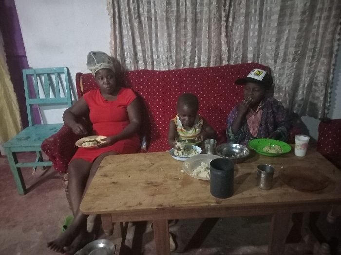 Three individuals sit around a wooden table, seemingly enjoying a meal. A woman in a red dress sits to the left, holding a plate with food. To her right, a young child in a striped tank top eats from a bowl. Next to the child, another person wearing a baseball cap is also eating. Several plates and cups are scattered across the table. A red patterned sofa serves as a backdrop, with a curtain visible behind it. A blue wooden chair is on the left side of the image.