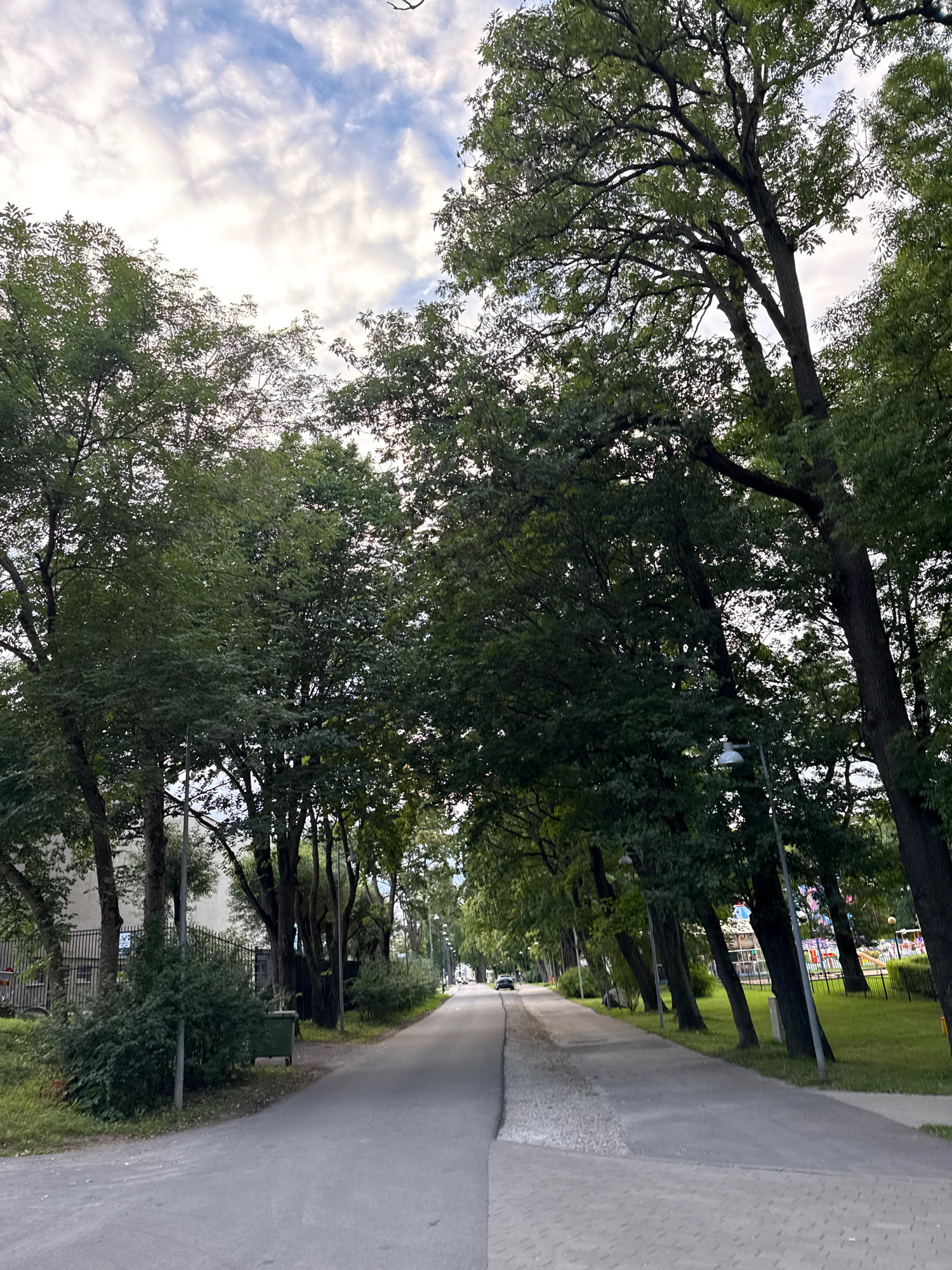 The image depicts a tree-lined street in Tallinn, Estonia. The perspective is from a low angle, looking down a paved road. Lush green trees with dense foliage form an archway over the street, their branches creating a canopy. The sky above is partially cloudy with patches of blue. On the left side of the road, there is a building with a black metal fence and a green trash bin. The right side of the road features a grassy area with several streetlights and more trees. In the distance, a few cars are visible on the road, and beyond that, a playground with colorful structures can be seen. The overall scene is one of a quiet, well-maintained urban park or residential area.