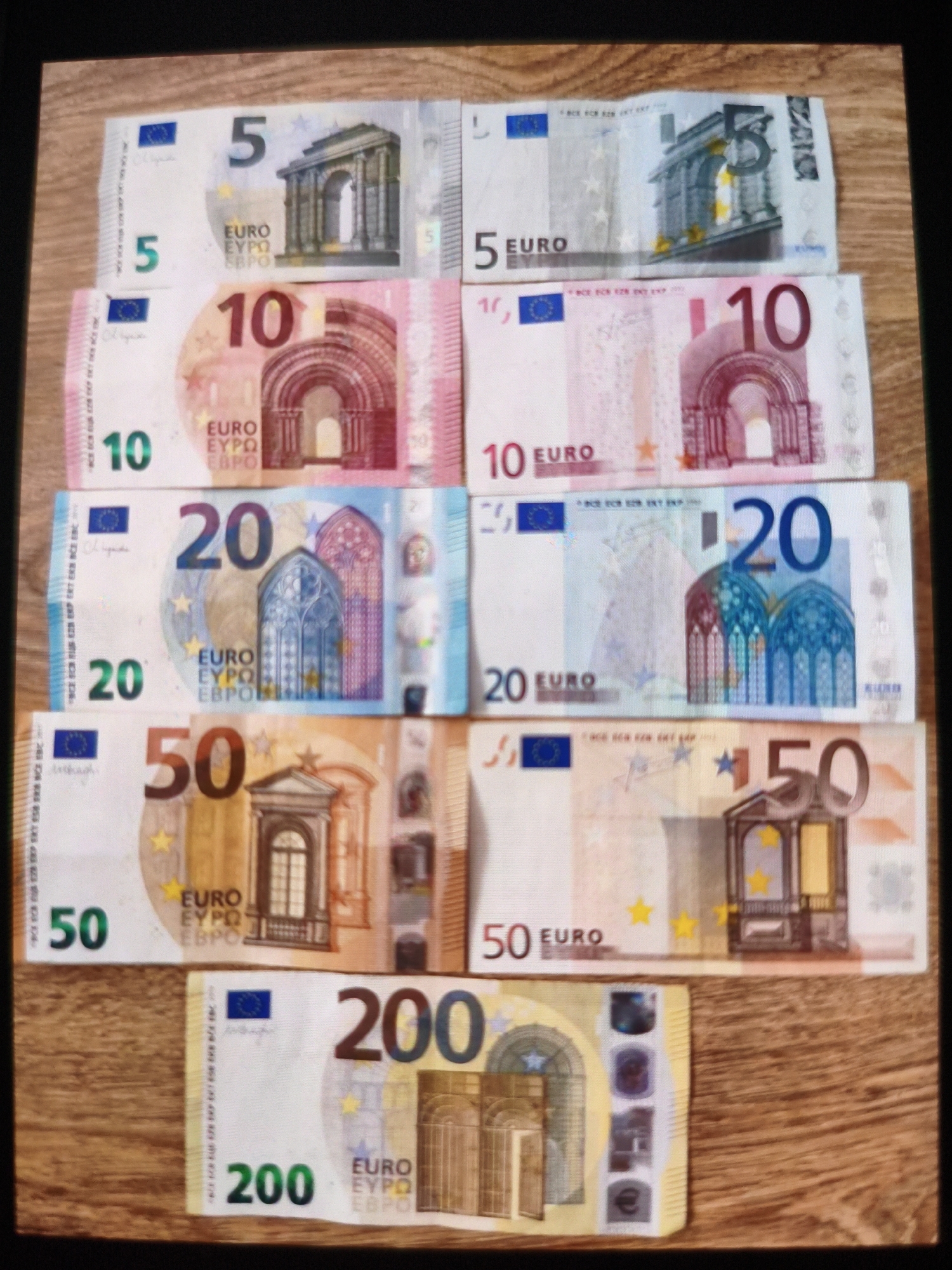 The image shows several Euro banknotes arranged on a wooden surface. There are two 5 Euro notes, two 10 Euro notes, two 20 Euro notes, two 50 Euro notes, and one 200 Euro note. The banknotes are neatly aligned in rows.