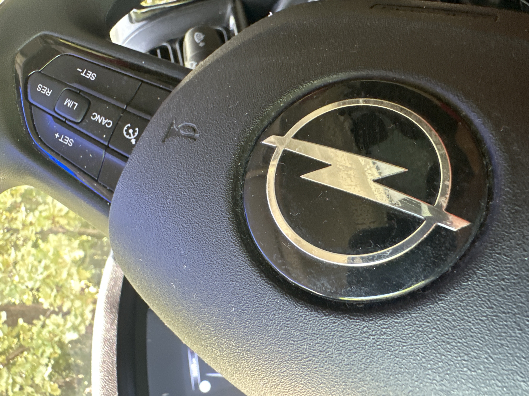 The image shows a close-up of a car's steering wheel. The steering wheel is black with a metallic circular emblem in the center. The emblem appears to be a stylized lightning bolt within a circle. On the right side of the steering wheel, there are several buttons with white text, including "SET+", "SET-", "LIM", "RES", and "CANC". The background is blurred and appears to be foliage, suggesting the car is parked outdoors. The image does not contain any information or visual cues to indicate a specific location in Rubano, Italy.