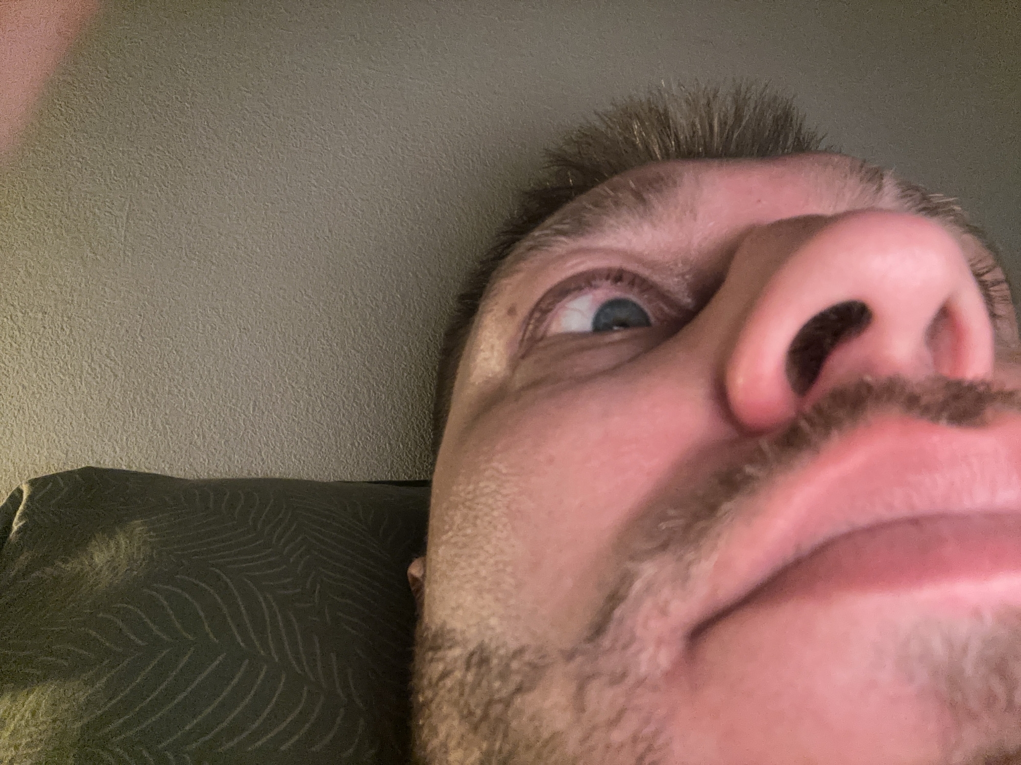 The image is a close-up, low-angle, dutch-angle shot of a person's face, primarily focusing on the nose, eye, and mouth area. The lighting is warm, casting a reddish hue on the skin. The background appears to be a textured wall. There is a dark-colored, textured surface, possibly a pillow or cushion, visible in the lower left portion of the frame. The person has light-colored eyes, short brown hair, and stubble on their chin and upper lip. The perspective suggests the camera is positioned very close to the face, looking upwards. The exact location in Zvezdara Urban Municipality, Serbia cannot be determined from the provided image.