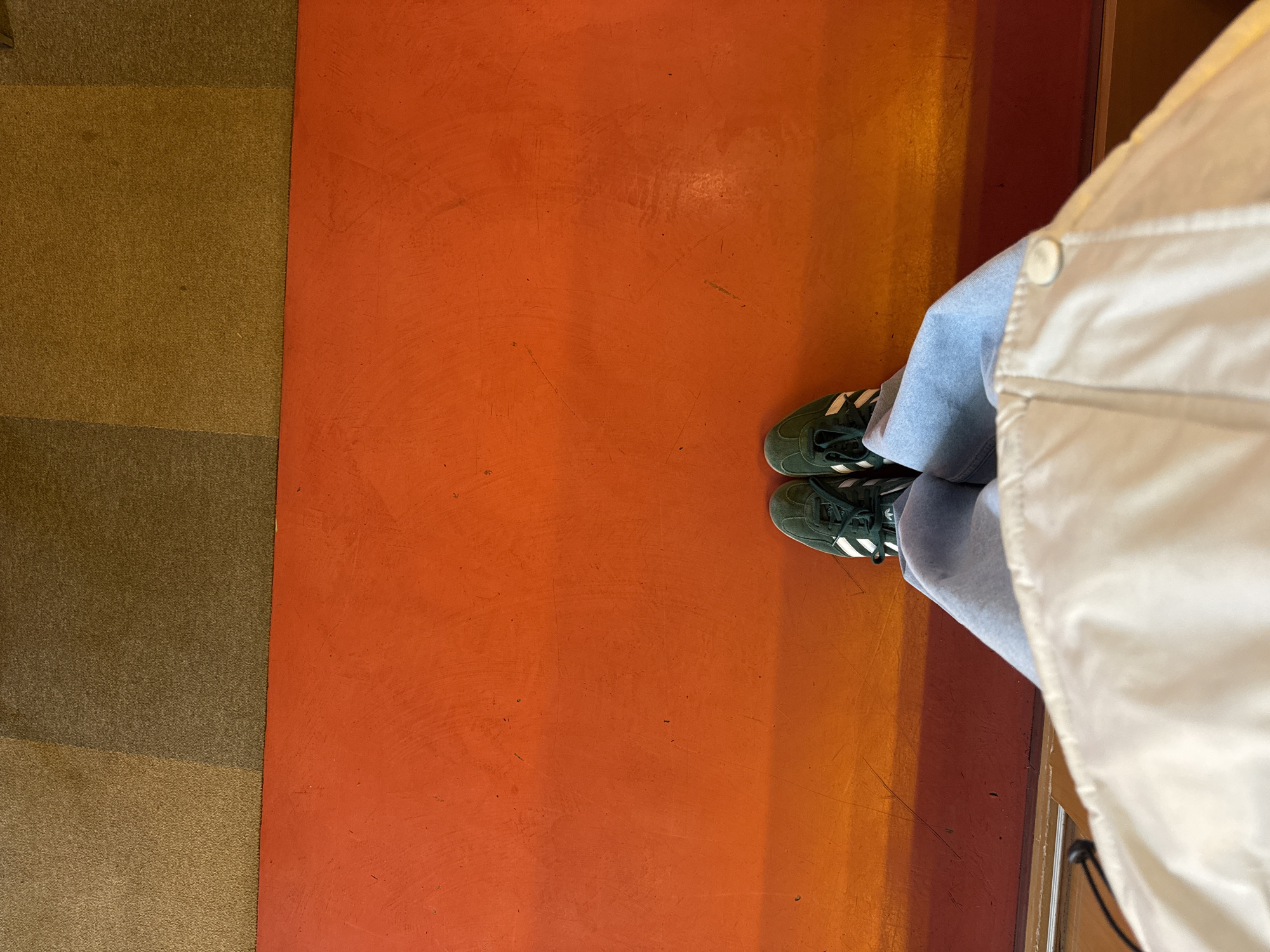 The image is a top-down perspective shot of a person standing on a surface divided into two sections: a reddish-orange section and a brown section to the left. The person is wearing green Adidas sneakers with white stripes, light blue jeans, and a white jacket. The reddish-orange section occupies the majority of the image. It transitions to a darker tone at the top. The brown section appears to be carpeted, with variations in color. No specific indicators point to Yerevan, Armenia. The person seems to be standing still.