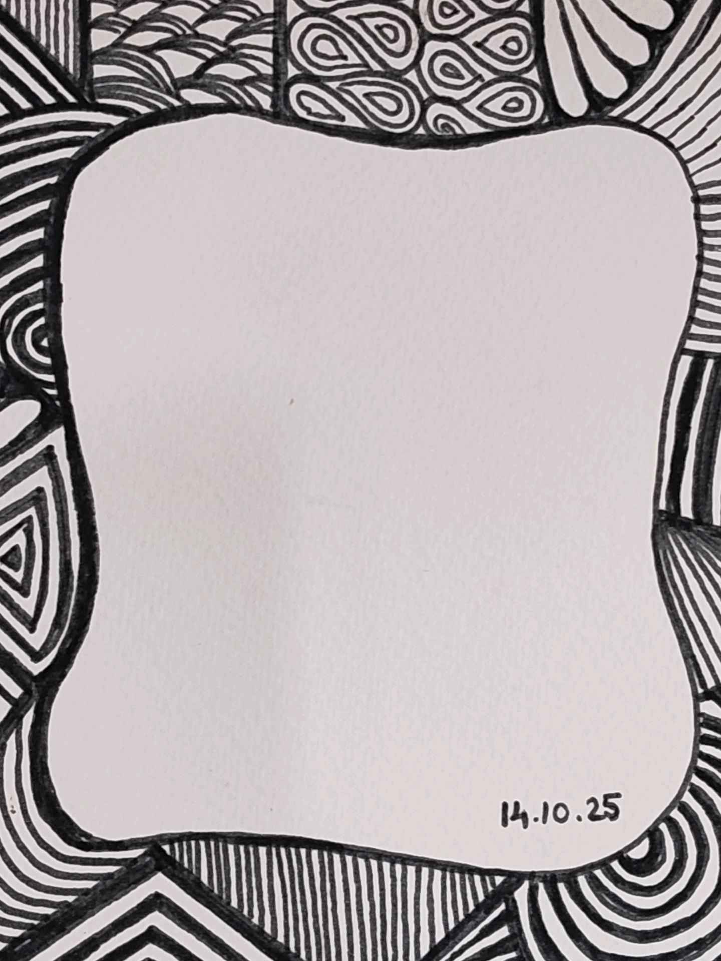 The image displays a piece of paper with a central, irregular white space, surrounded by a decorative border of black ink abstract patterns. The patterns consist of lines, curves, and shapes that create a sense of movement and texture. In the bottom right corner of the white space, the date "14.10.25" is written in black ink. There are no people, city elements, or specific locations visible in the image. The image is a close-up of the artwork, without any context of its origin or surroundings.