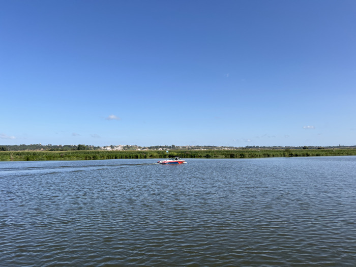 The scene captures a daytime view of a body of water in Coruche, Portugal. In the middle-ground, a red and light-colored small recreational boat traverses the water from right to left, creating a visible wake. A single, indistinct individual is seated within the boat, seemingly operating it. The water surface is textured with ripples. The far bank is densely bordered by green vegetation, appearing as tall grasses or crops. Beyond this foliage, a collection of light-colored buildings, indicating a distant settlement, is visible on the horizon. The sky is clear and bright blue, largely devoid of clouds.