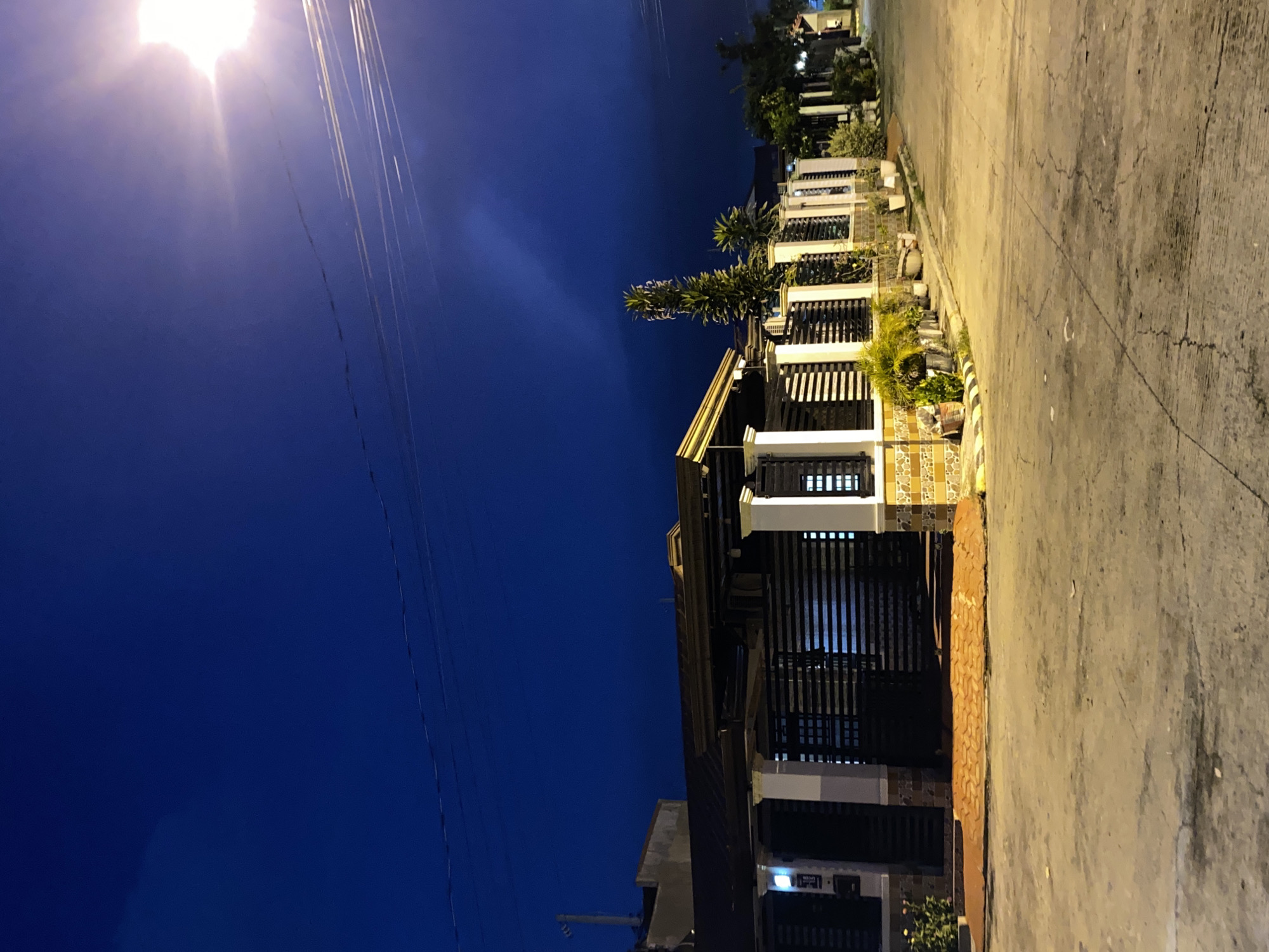 This image depicts a residential street scene in Davao City, Philippines, during twilight or early evening. The sky is a deep blue, transitioning from a lighter shade near the horizon where a street light casts a bright glare. Power lines are visible, crisscrossing against the darkening sky.
In the foreground, a paved street shows some wear and tear with visible cracks. To the right, the street curves and leads into the distance, with more houses and vegetation lining the sides.
Dominating the left and center of the image is a house with a modern fence and gate. The fence features horizontal black slats and decorative white pillars. The house itself has a dark-colored roof with visible eaves. The wall of the house is a mix of textured brown and yellow tiles. Planters with various green plants are arranged along the front of the house and fence. A bright light emanates from within the covered entrance of the house.
The overall impression is a quiet, residential neighborhood at dusk, with artificial lighting beginning to illuminate the area.
