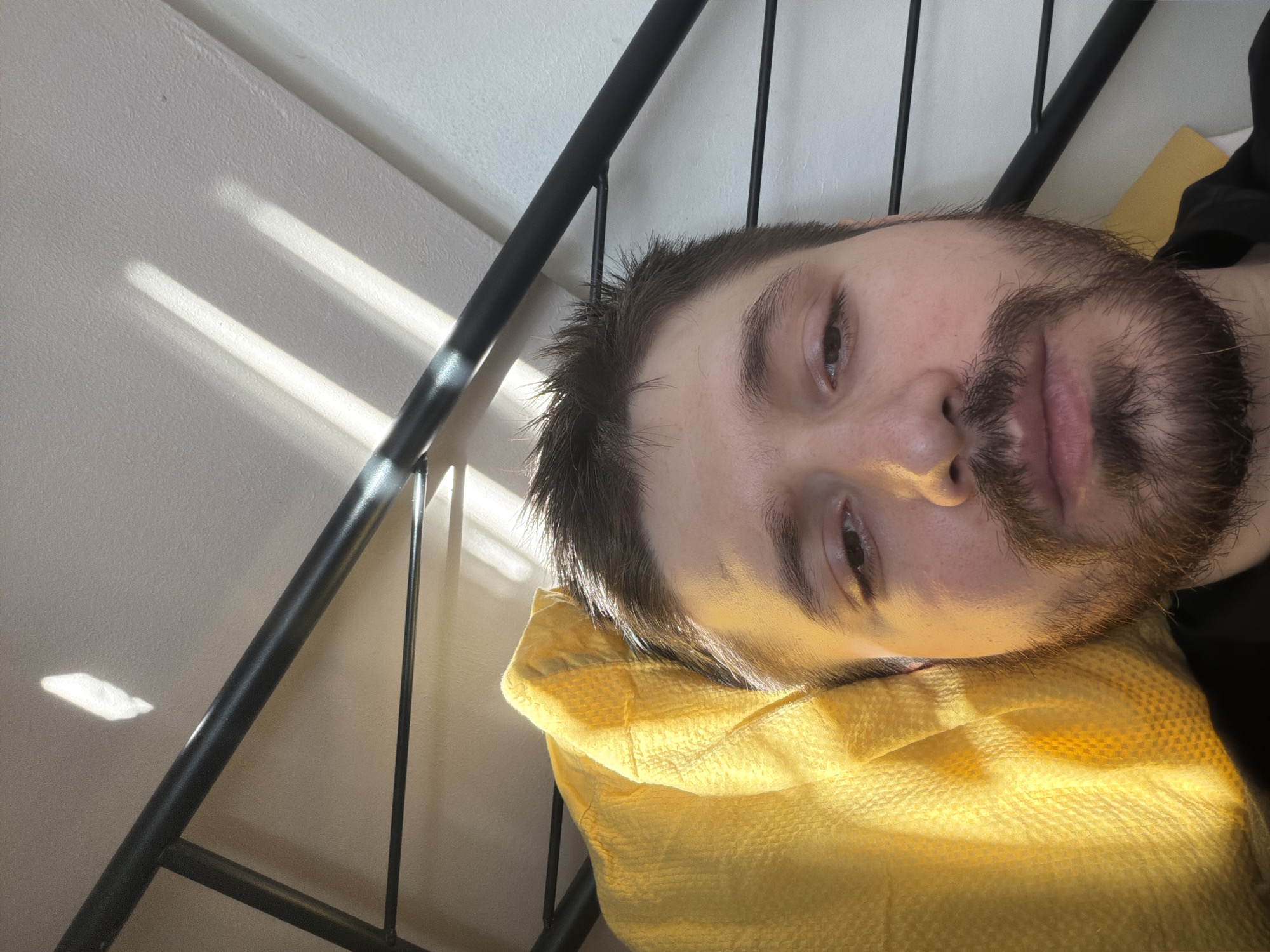 A close-up, angled shot features a man lying down on a yellow pillow with a dark, possibly iron, bed frame visible in the top left. The man has short brown hair, a beard, and appears to be looking at the camera. The background is a white wall with sunlight streaming through blinds or a window, creating light and shadow patterns. The location, Pentre, United Kingdom is unknown and could be a domestic setting.