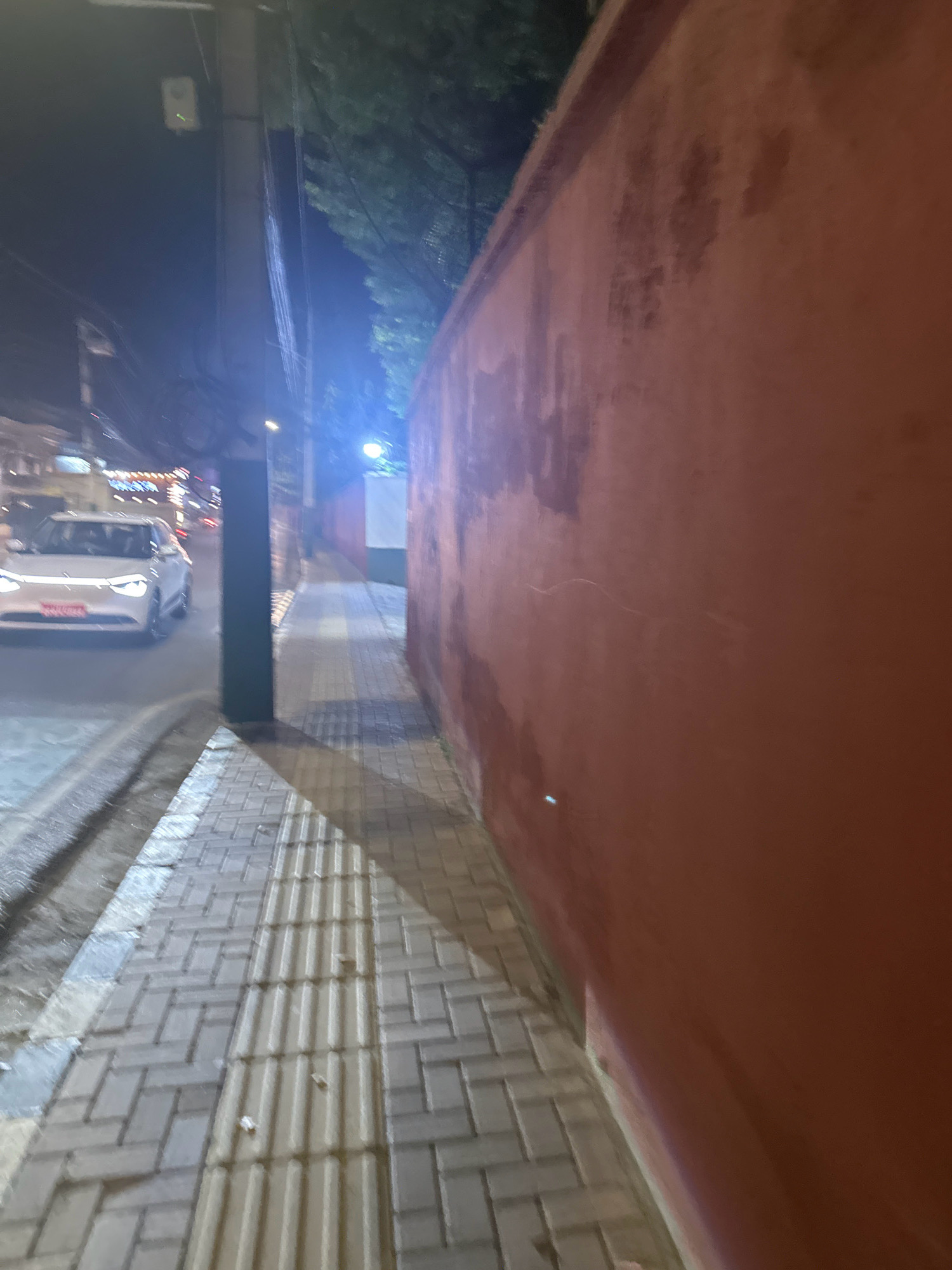The image captures a nighttime street scene in Lalitpur, Nepal. A white electric vehicle is parked on the left side of the street. In the foreground, a pedestrian sidewalk is paved with interlocking bricks, featuring a tactile paving strip indicating a change in elevation or hazard. A dark green pole stands on the sidewalk, obscuring part of the view. To the right of the sidewalk is a tall, textured, reddish-brown wall. Behind the wall, the tops of trees are visible against a dark sky. Streetlights and building lights are illuminated in the background, creating a bokeh effect. The overall impression is a dimly lit urban environment.