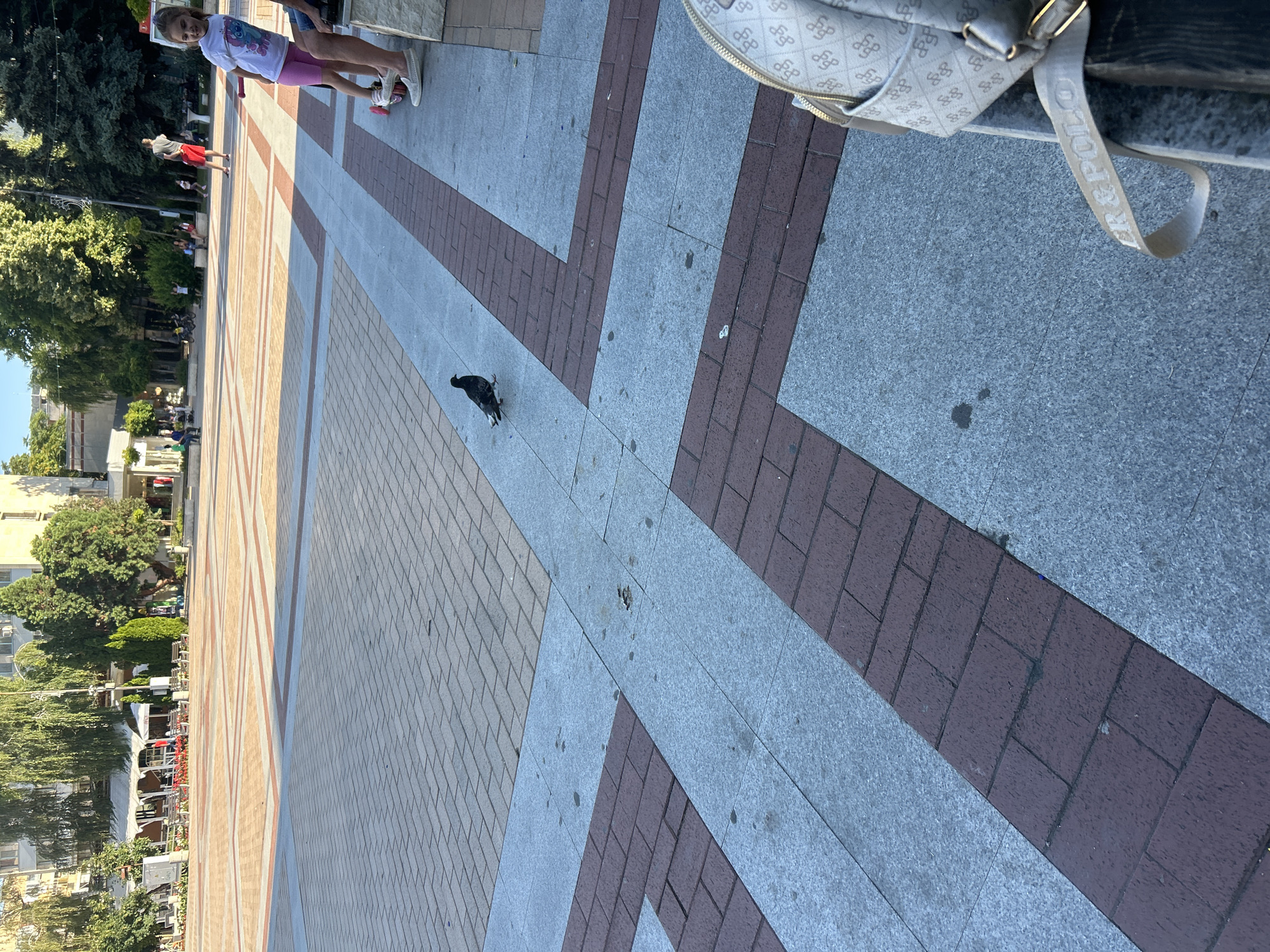 A pigeon stands on a patterned paved plaza in front of a row of shops with outdoor seating. In the background, people are walking and sitting. A young girl in pink shorts and a white t-shirt is on a scooter on the right side of the image, and a beige backpack with a repeating logo is in the foreground on the right.