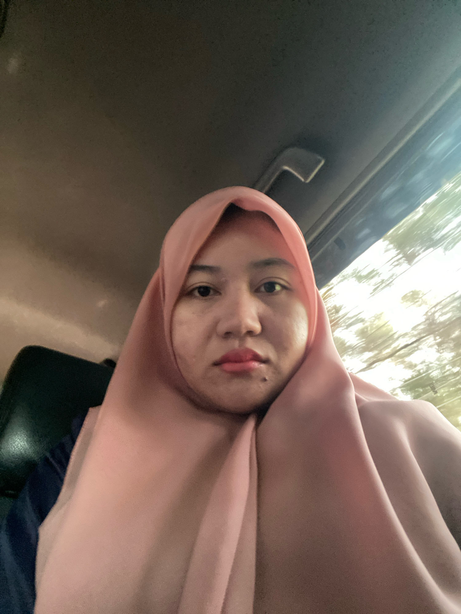 A woman wearing a pink hijab and a dark blue shirt is seated in the back of a vehicle. She is looking directly at the camera. The interior of the car is dimly lit, with a handle visible on the ceiling. Outside the car window, the environment appears to be a natural setting with trees and sunlight filtering through. There is no specific information about the exact location within Banjarbaru, Indonesia.