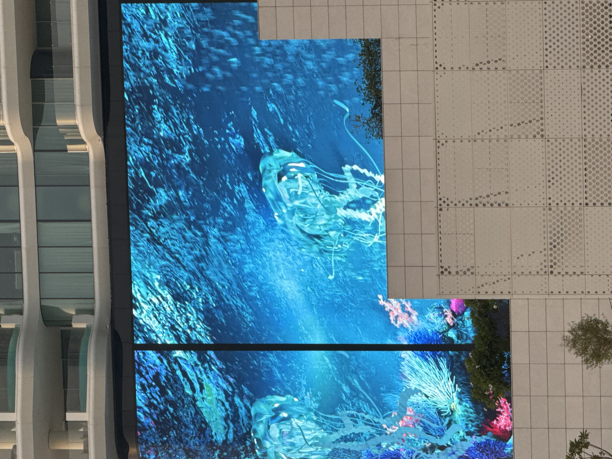 The image displays a large digital screen on the exterior of a modern building in Dubai, United Arab Emirates. The screen shows a vibrant underwater scene with two translucent jellyfish and colorful coral reefs. Above the screen, the building features curved balconies with glass railings, revealing glimpses of lounge chairs and what appears to be a swimming pool. The lower part of the building's facade is clad in light-colored tiles, some of which are patterned with circular perforations. Green foliage is visible at the base of the digital screen and in planters on the balconies. The lighting suggests it is daytime.