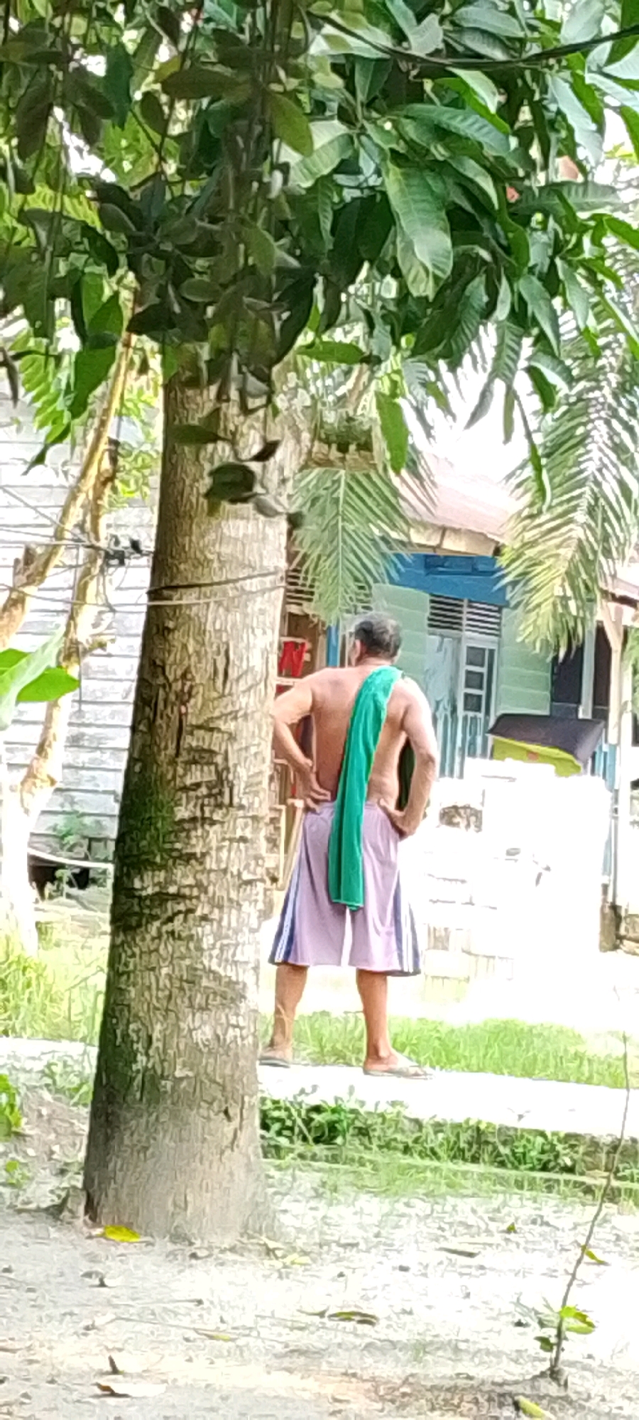 An outdoor, eye-level, vertical shot shows a shirtless man with his back to the camera, wearing a green towel draped over his shoulders and light-colored shorts, standing near a tree. The man's hands are on his hips. The tree in the foreground is thick and textured. Behind the man, a building with blue and green accents and open windows is visible. The ground is dirt with some patches of grass and scattered leaves. The overall scene suggests a residential area in Harapan Jaya, Indonesia, likely during daylight.