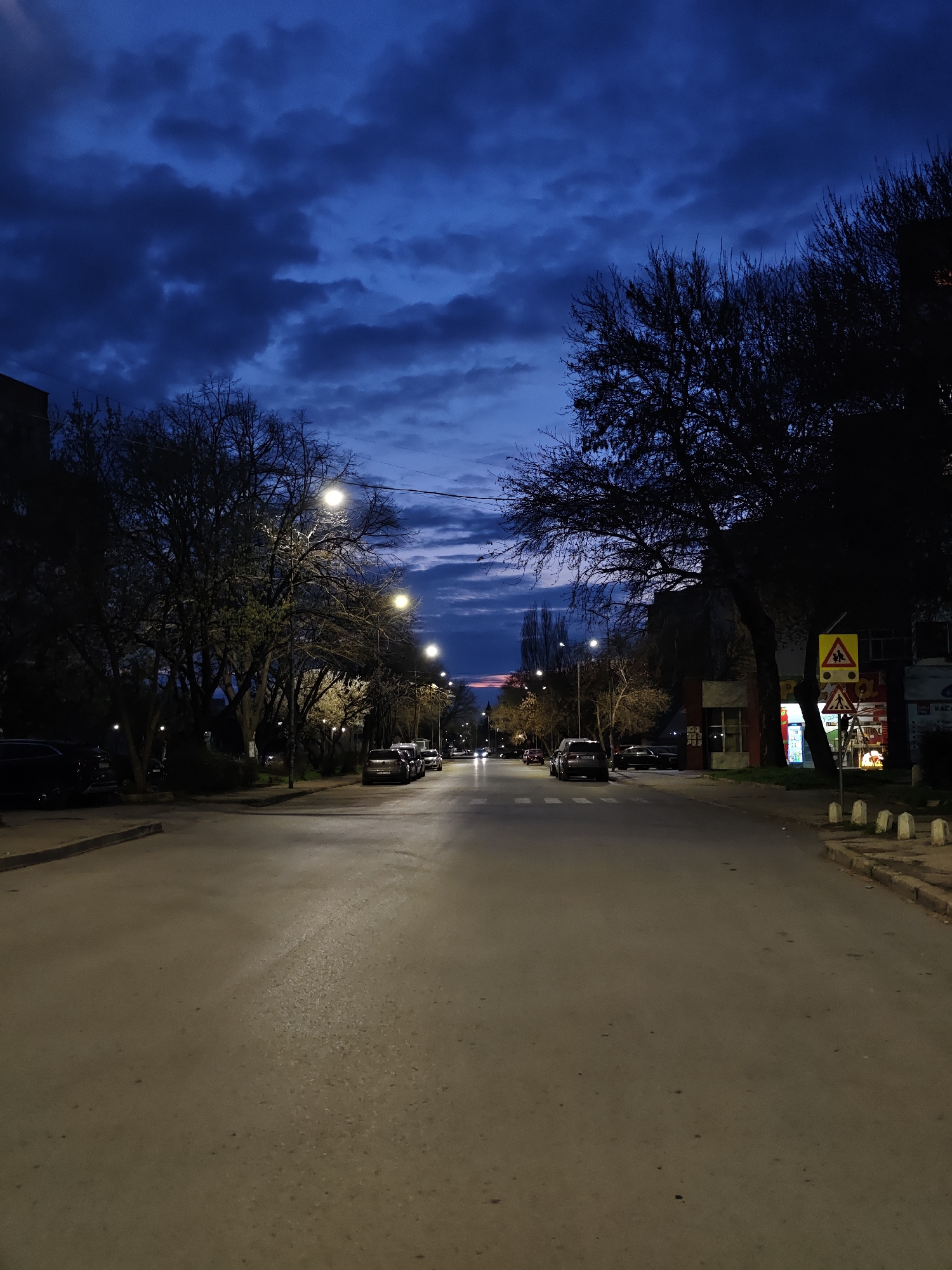 The image depicts a street in Kozloduy, Bulgaria, at dusk or early evening. The sky is a mix of dark blue and purple hues, suggesting the transition from day to night. The street is mostly empty, with several parked cars lining the sides. Streetlights illuminate the road, casting a yellow glow on the asphalt. Bare trees are visible on both sides of the street, their branches silhouetted against the sky. A building with signage is on the right. A yellow pedestrian crossing sign is also visible on the right side of the street. The road surface is damp. There are no pedestrians visible.
