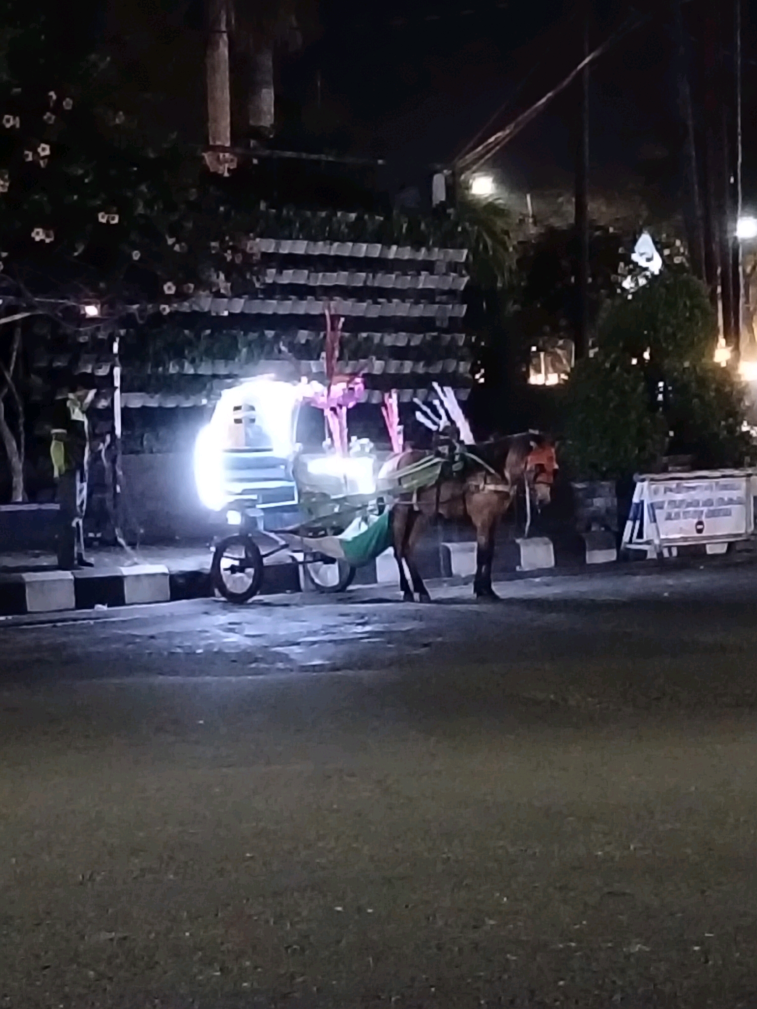 A horse-drawn carriage is parked on the side of a street at night, illuminated by bright lights. The carriage appears to be made of metal and wood and is decorated with colorful banners. A brown horse is harnessed to the carriage, wearing a red bridle. A person in a green garment is seated in the carriage, and another person in a dark uniform with a yellow vest stands to the left of the carriage. In the background, there are trees and buildings, and a white sign with blue lettering is visible on the right side of the street. The scene suggests a public area in the city of Purworejo, Indonesia, likely a tourist or commercial district, given the presence of the carriage and the nighttime illumination.